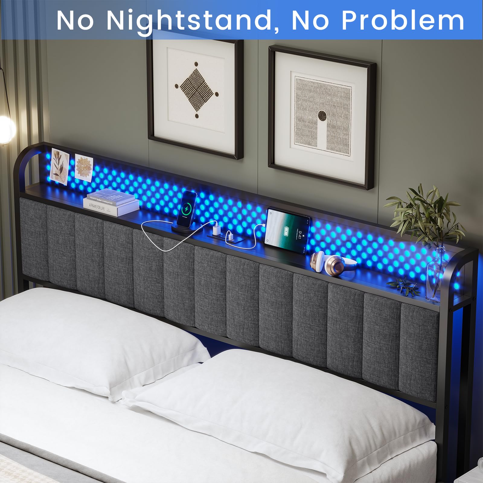King Size Bed Frame with Storage Headboard - Built-in Shelf, Power Outlet & RGB Lighting, Pegboard Design, Linen Upholstered Platform Bed, Reinforced 2-Row Mid-Beams, No Box Spring Required (Dark Grey) - Perfect for Modern Bedrooms, Guest Rooms & Small Spaces with Storage Needs
