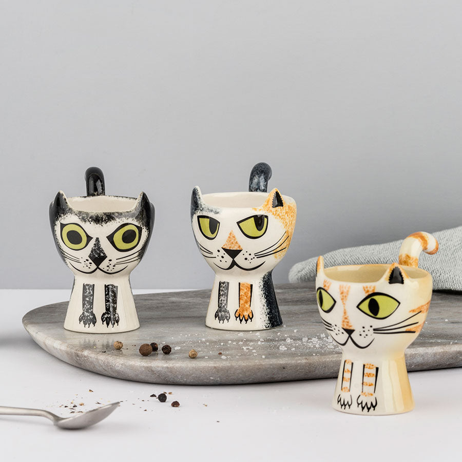 Grey Tabby Cat Egg Cup Set of 4 - Cute Ceramic Egg Holders for Breakfast, Easter Decor, and Cat Lover Gifts