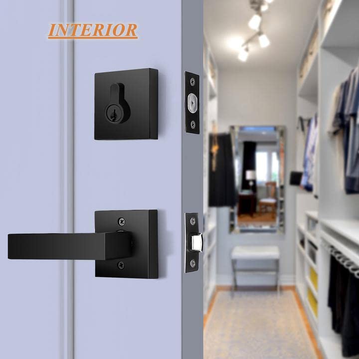 Probrico Modern Square Lock Set - Flat Black Passage Door Lever with Double Cylinder Deadbolt Combo (Keyed Alike) - 1 Pack Exterior Door Handle & Deadbolt Set for Home Security & Entry Doors