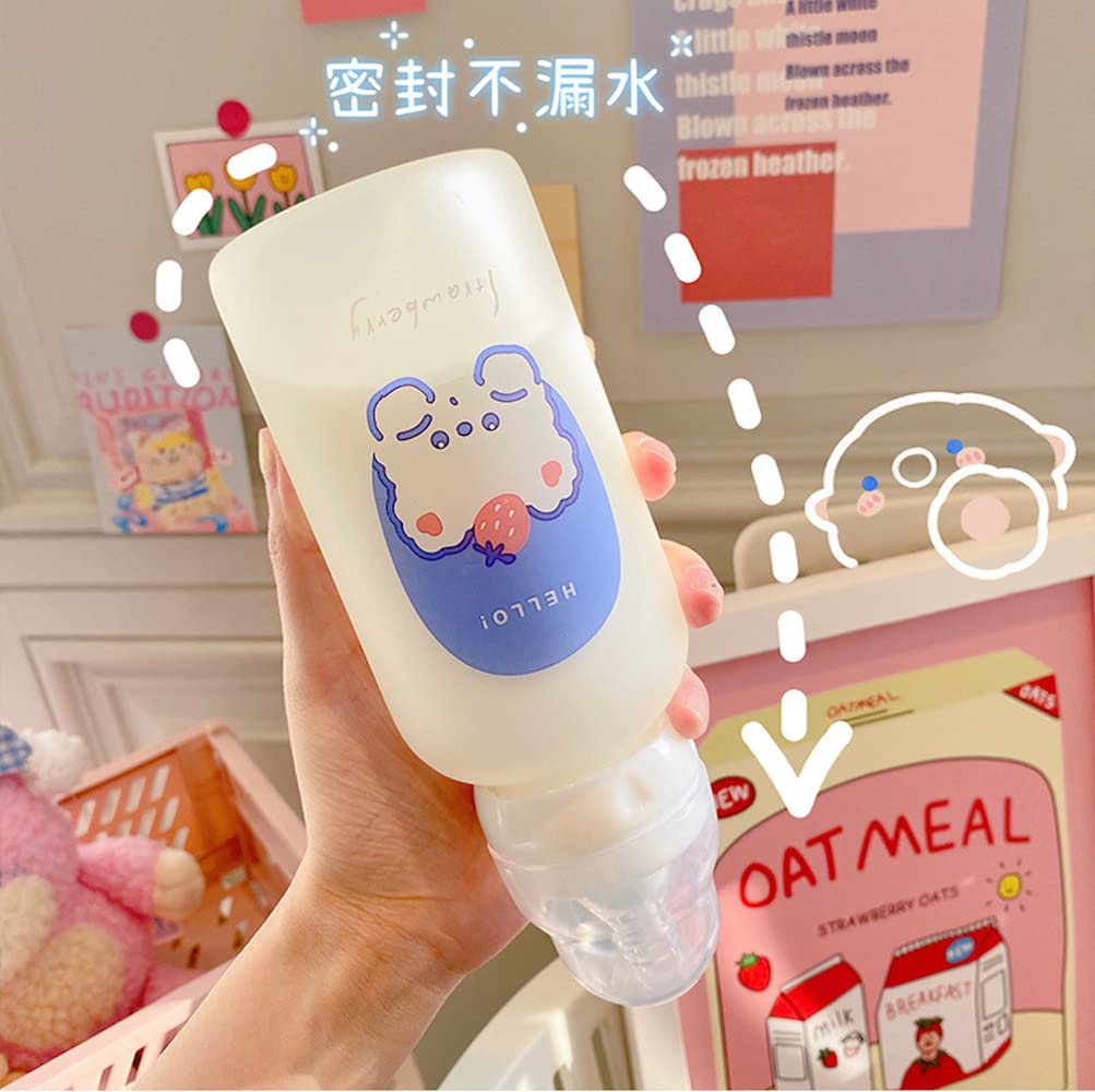 Strawberry Bear Glass Water Bottle with Straw Lid - 11oz Cute Kawaii Water Bottle for Women Adults, BPA Free Borosilicate Glass, Portable Drinking Bottle for Office, Gym, Travel, and Outdoor Activities