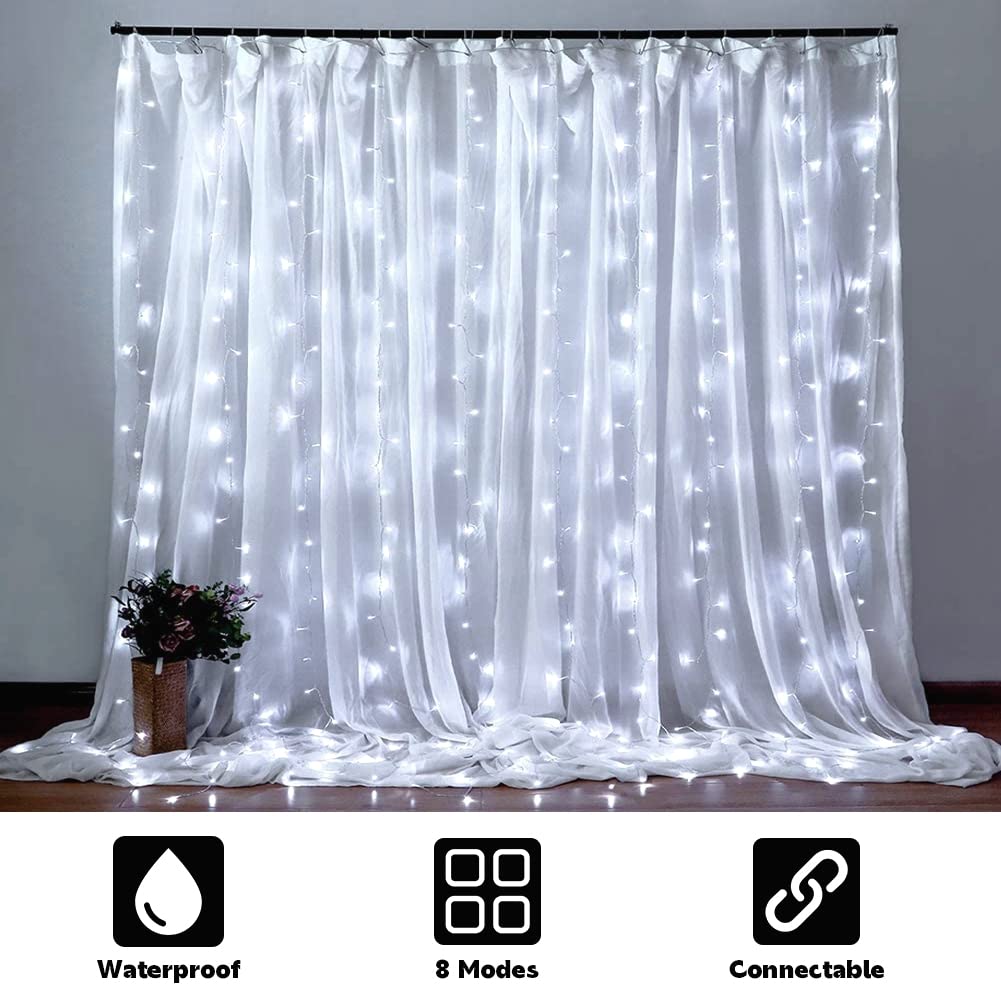 Weillsnow 300 LED Curtain Lights - 9.8FT x 6.6FT Connectable String Lights with 8 Twinkle Modes, Waterproof for Indoor Outdoor Use - Perfect for Bedroom, Patio, Garden, Wedding & Christmas Decorations (White)