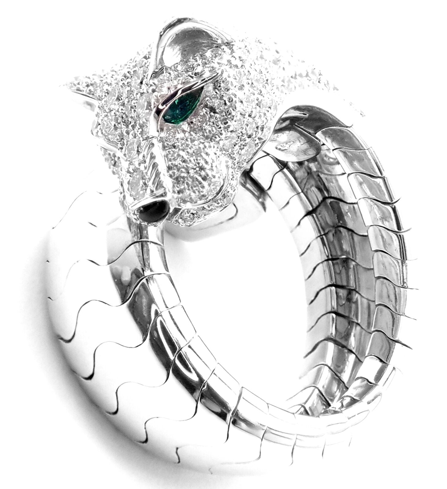 Authentic Cartier Panther 18K White Gold Diamond & Emerald Onyx Ring with Certificate - Luxury Jewelry for Women, Perfect for Weddings, Anniversaries & Special Occasions
