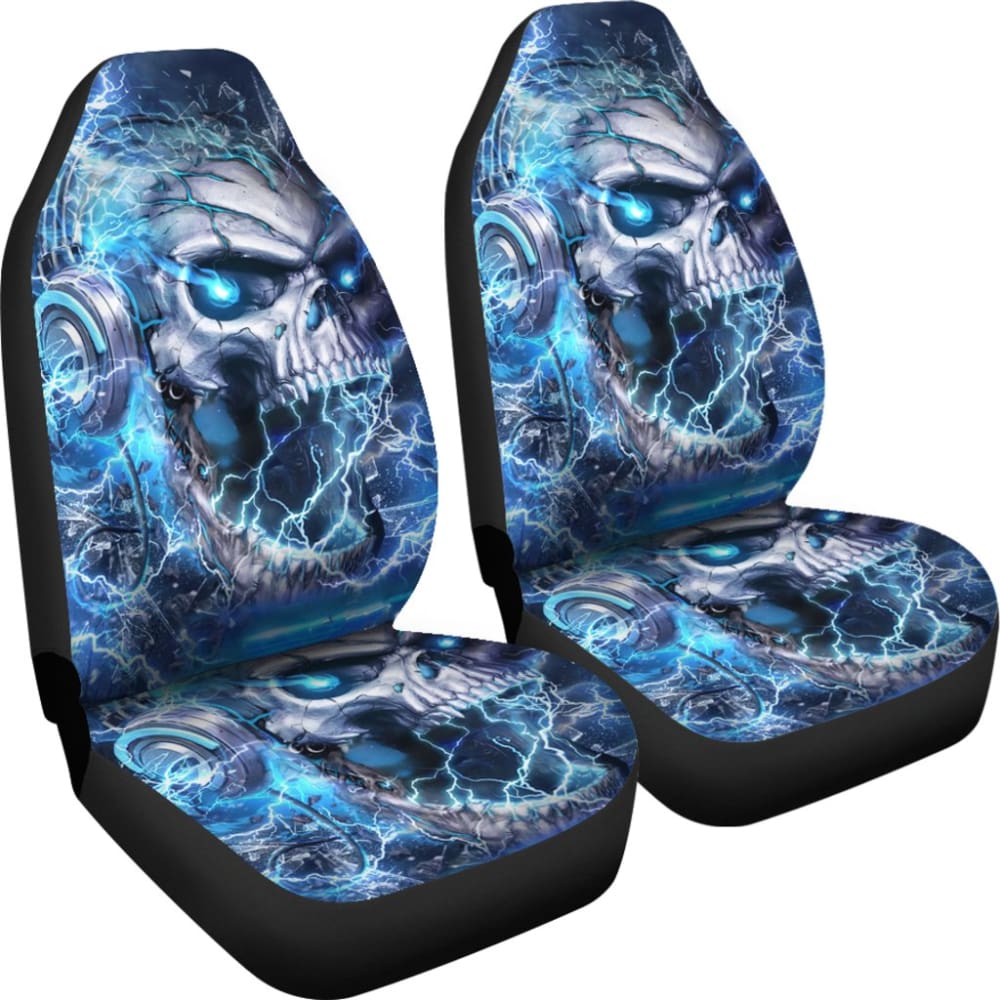Premium Gothic Skull Car Seat Covers with Blue Music Headphones Design - Trendy Car Interior Accessories for Music Lovers & Gothic Style Enthusiasts | Perfect for Cars, Trucks & SUVs