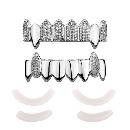 18K Gold Plated Vampire Fangs Teeth Grillz - Iced Out CZ Top & Bottom Fangs with Diamond Accents for Men | Perfect for Halloween Costumes, Cosplay & Hip Hop Fashion