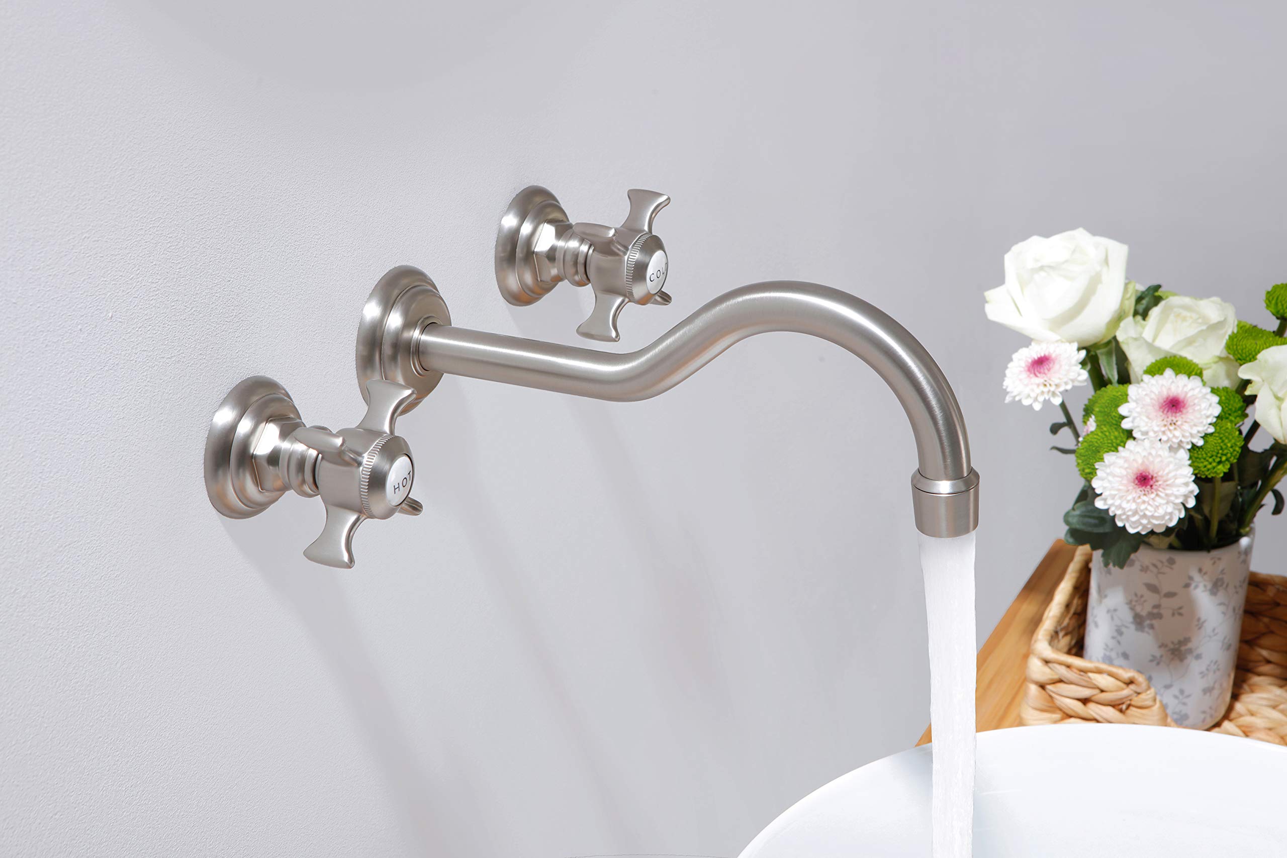 SITGES Brushed Nickel Wall Mount Bathroom Sink Faucet - 2 Handle Wall Mounted Faucet with Rough-in Valve - Perfect for Modern Bathroom & Powder Room Renovations
