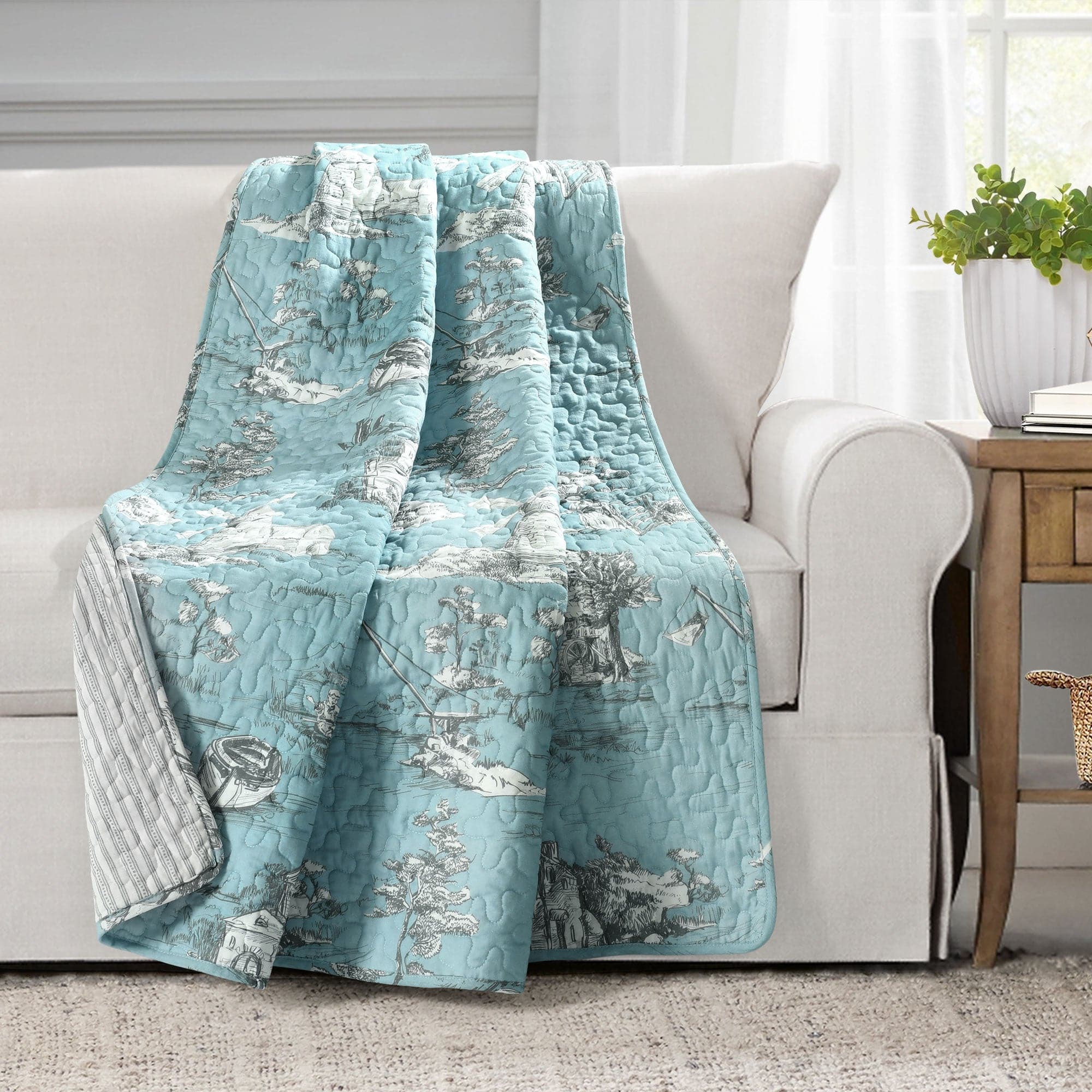 French Country Toile Throw Blanket - Soft Cotton Farmhouse Style Decorative Throw for Couch, Bed & Sofa - Perfect for Living Room, Bedroom & Cozy Home Decor
