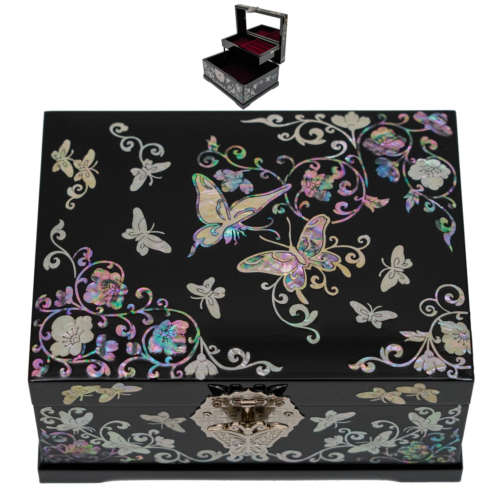 February Mountain Mother of Pearl Jewelry Box - 2-Layer Handmade Wooden Keepsake Box with Peacock Design, Perfect Gift for Women, Mom, Wife, Girlfriend, Sister - Butterfly & Moon Pattern for Jewelry Storage & Home Decor