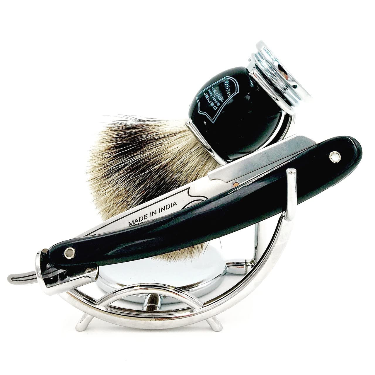 Premium Chrome Razor and Shaving Brush Stand - Heavy Duty Metal Holder for Straight Edge, Barber, Double Edge Safety & Cartridge Razors - Perfect for Home Barbershop & Travel Shaving Kit Organization
