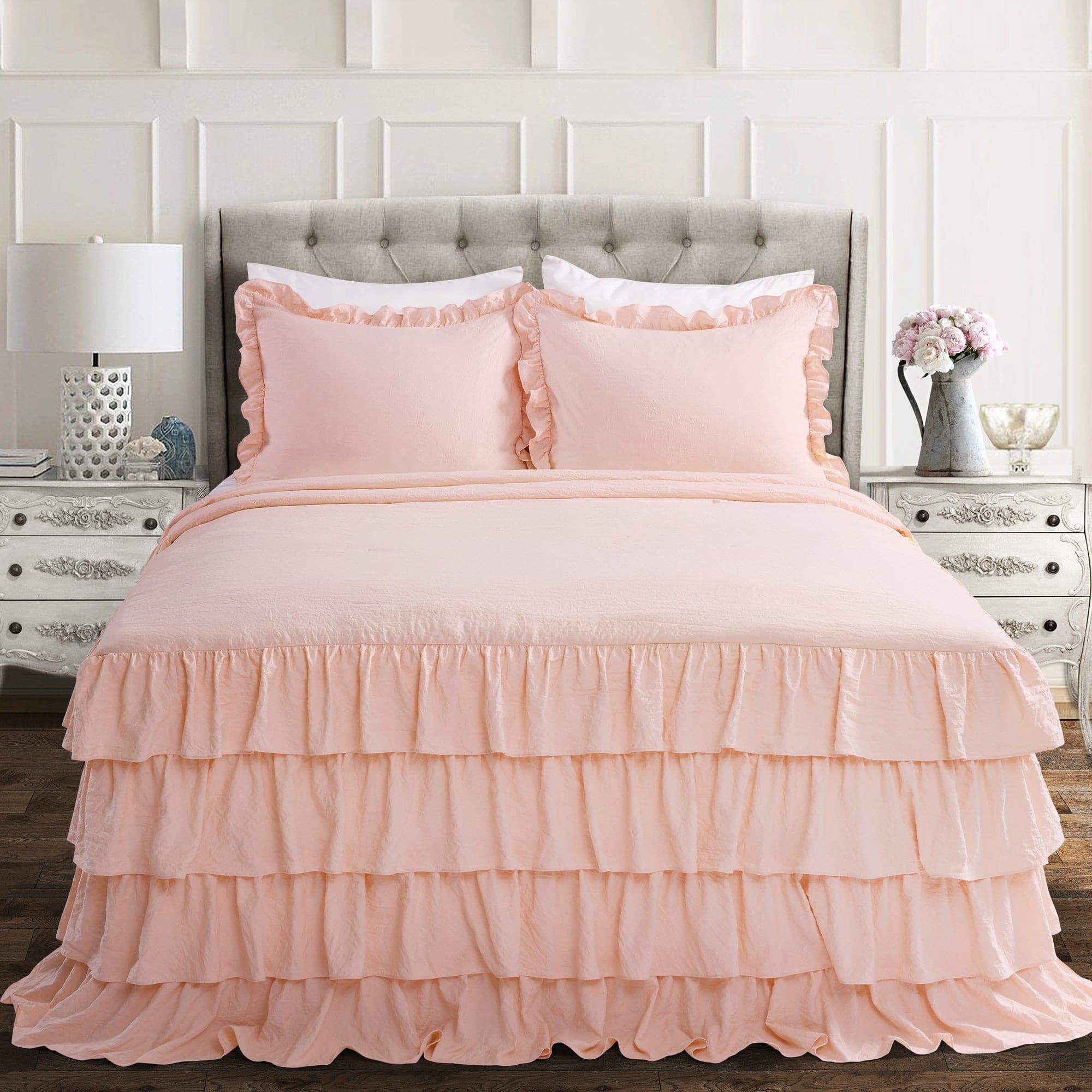 Allison Ruffle Skirt Bedspread Set - Elegant Floral Printed Queen Size Bedding with Ruffled Skirt | Perfect for Master Bedroom, Guest Room & Vacation Home Decor