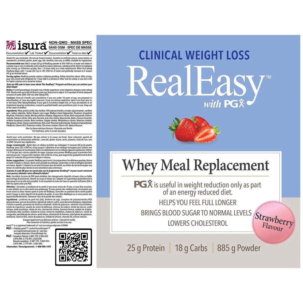Natural Factors Real Easy With PGX Whey Protein Meal Replacement Powder - Strawberry Flavor 885g (31.2oz) | High Protein Shake for Weight Management, Muscle Recovery & Healthy Lifestyle | Perfect for Post-Workout, Breakfast or On-the-Go Nutrition