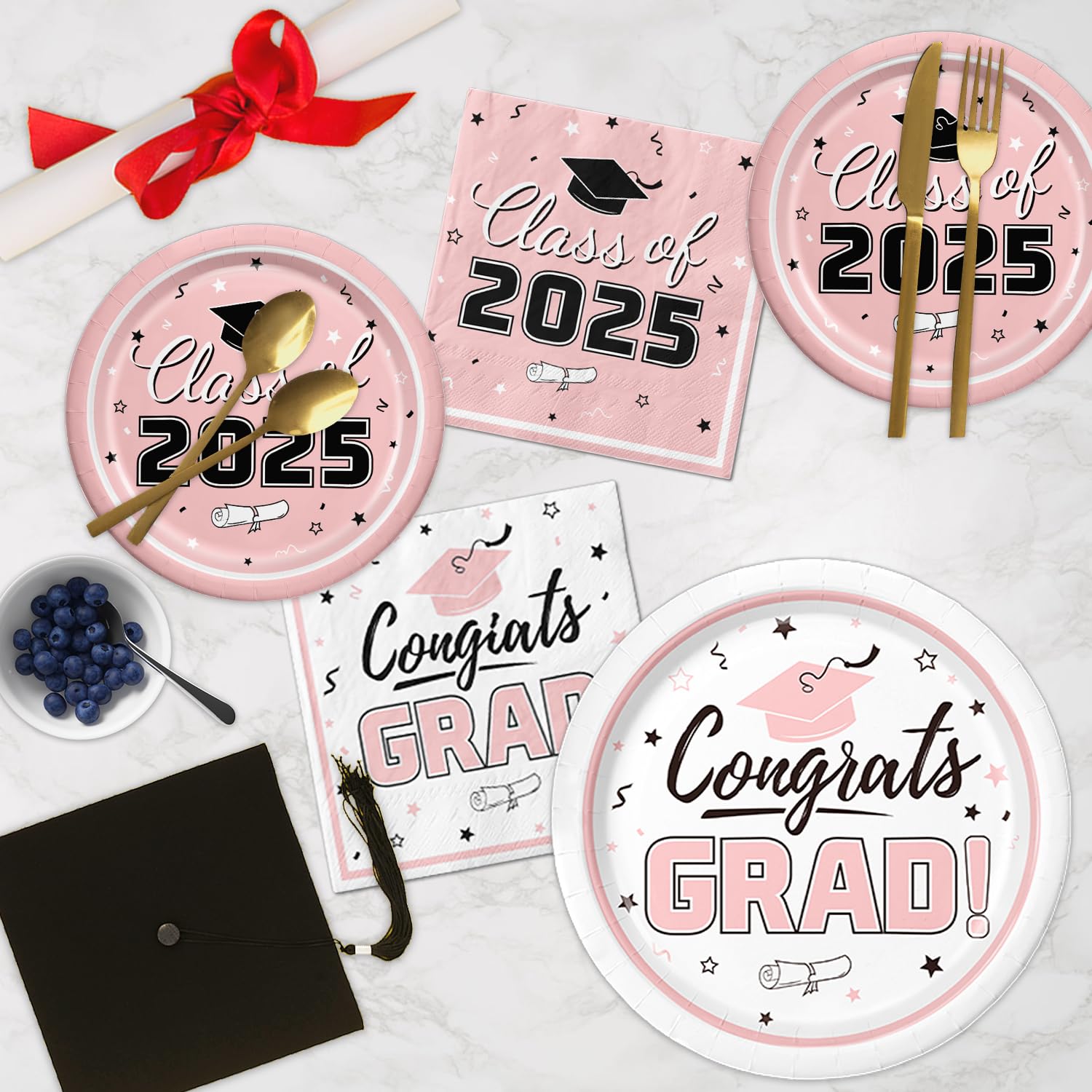 Class of 2025 Graduation Party Supplies Kit - 50-Piece Disposable Tableware Set with Pink Dinner Plates, Dessert Plates & Napkins - Perfect for Grad Party Decorations & Congratulations Celebrations | Great for High School & College Graduation Parties, Open Houses & Commencement Receptions