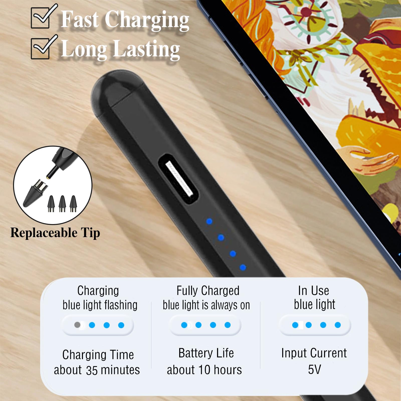 Rechargeable Active Stylus Pen for iPad Pro/Air/Mini & iPhone - POM Tip Magnetic Touch Screen Stylus with Precision Control - Perfect for Drawing, Note-Taking & Digital Art (Black)
