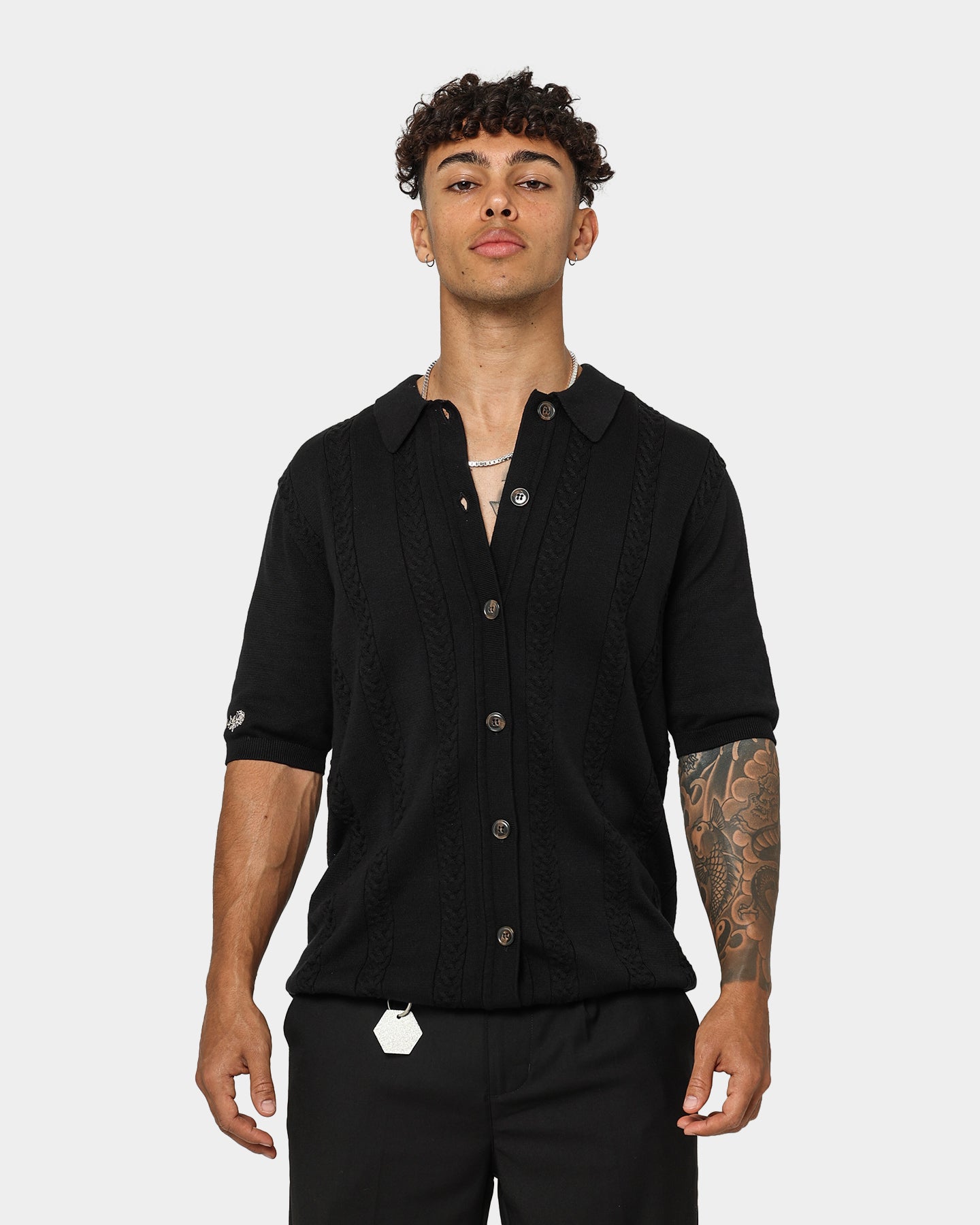 Black 404 Cable Knit Button-Up Sweater for Men - Cozy Winter Pullover for Casual & Office Wear