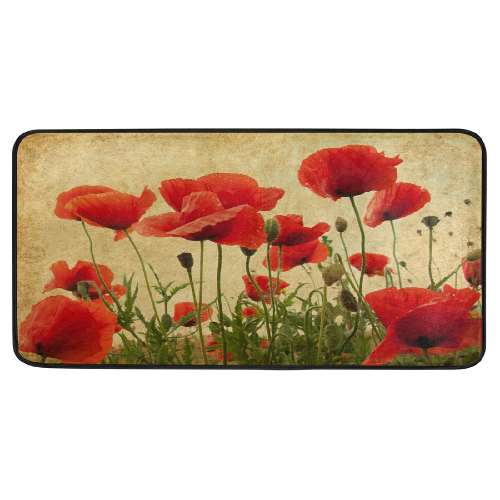 Vintage Poppy Kitchen Rug - Anti-Fatigue Washable Non-Slip Mat for Bathroom & Laundry