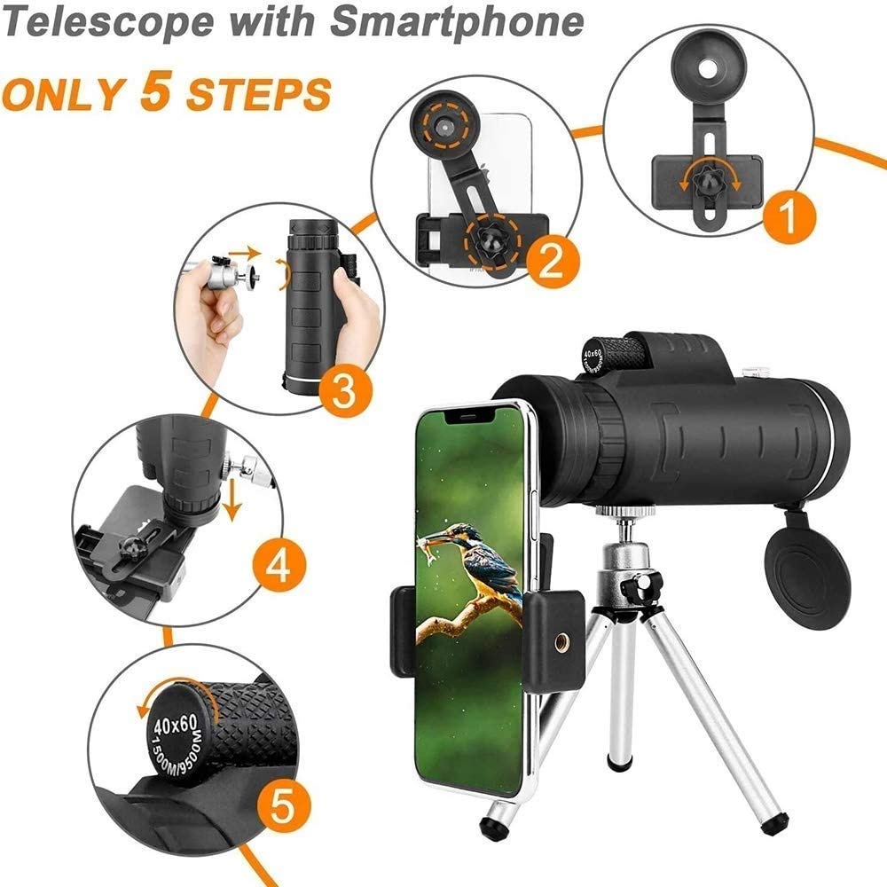 40×60 High Power Monocular Telescope - Waterproof & Fogproof HD Zoom Scope with Adjustable Tripod for Bird Watching, Hunting, Hiking, Camping & Outdoor Adventures - Perfect for Smartphone Photography & Nature Exploration
