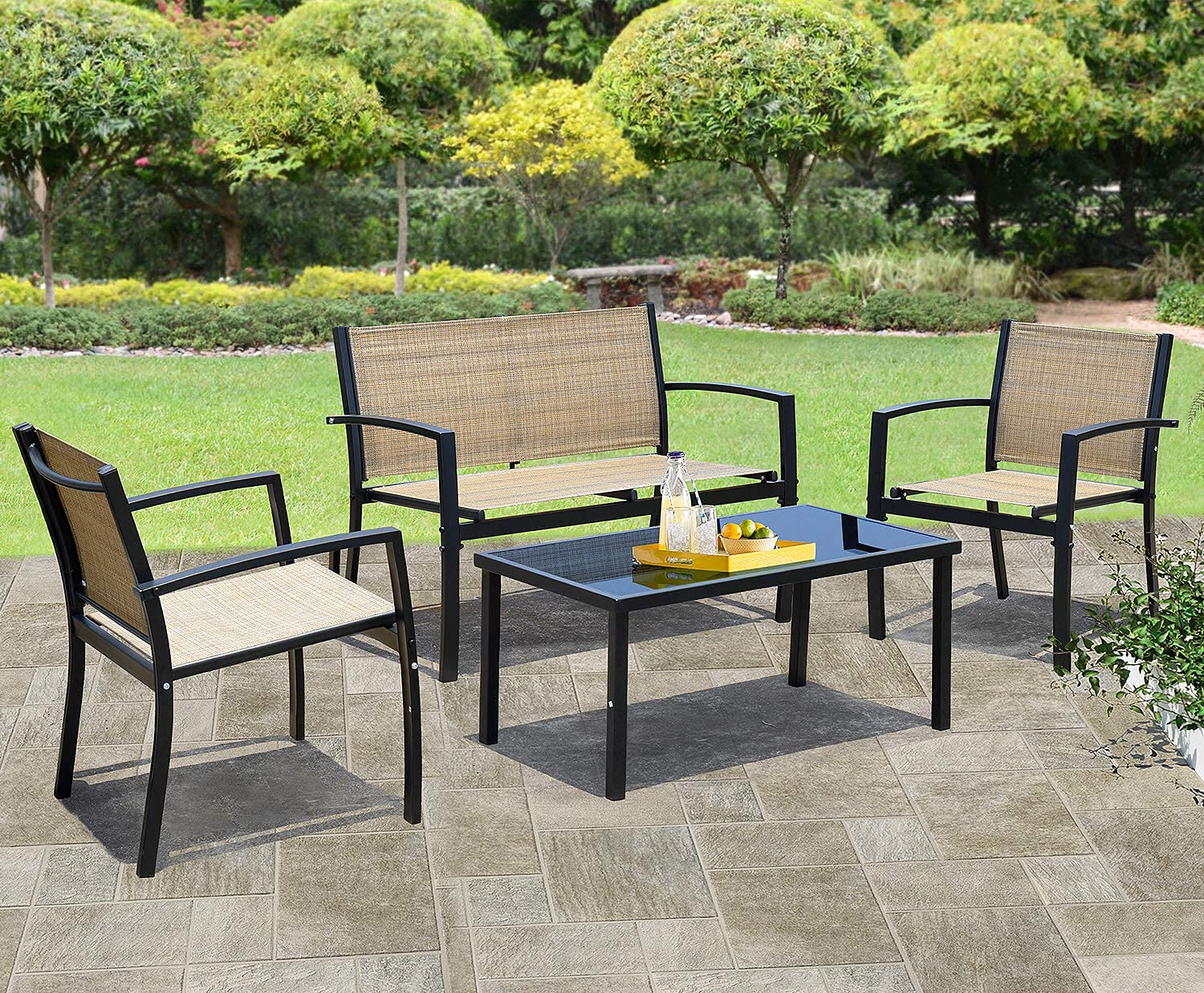JUMMICO 4-Piece Modern Patio Furniture Set - Outdoor Garden Conversation Bistro Set with Glass Coffee Table for Porch, Lawn, Backyard (Yellow) | Perfect for Relaxing, Entertaining & Outdoor Dining