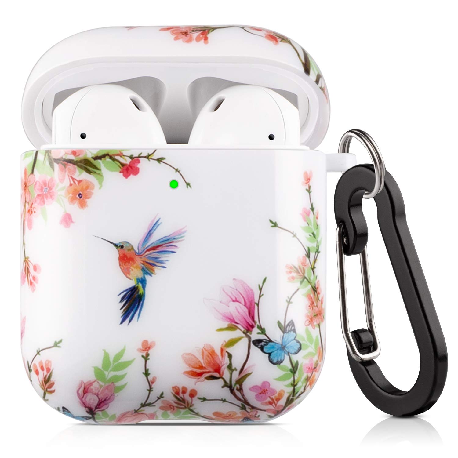Shockproof AirPods Case with Keychain - Hummingbird Flowers Design for 1st/2nd Gen - Wireless Charging & LED Visible - Perfect for Boys & Girls Travel Use