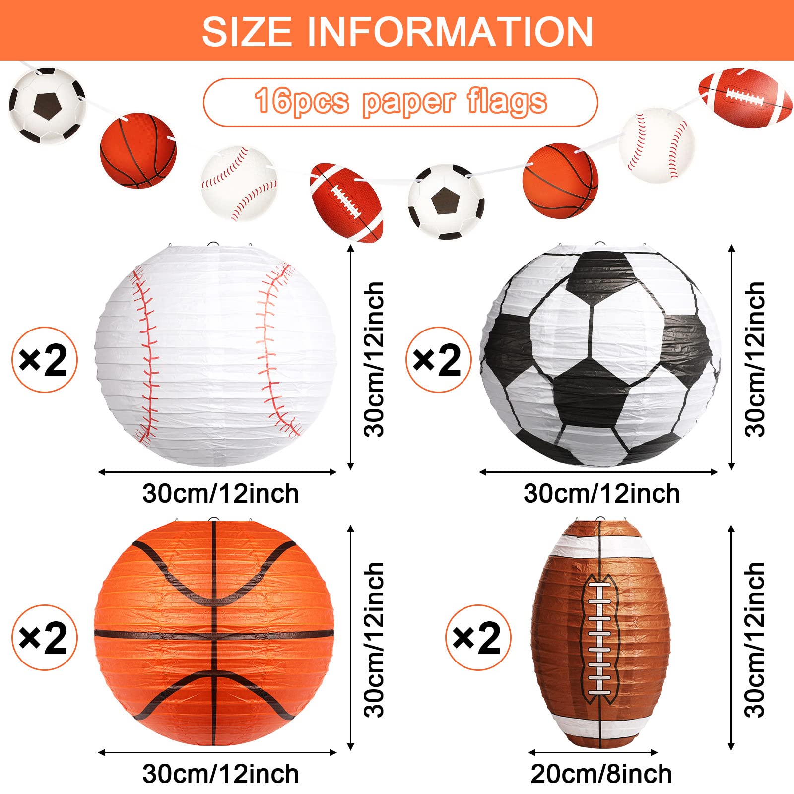 Sports Party Decorations Set - 8 Pcs Hanging Paper Lanterns, 4 Pcs Sports Table Covers (Basketball, Baseball, Football, Soccer), 2 Pcs Themed Banners - Perfect for Birthday Parties, Game Day Events & Team Celebrations