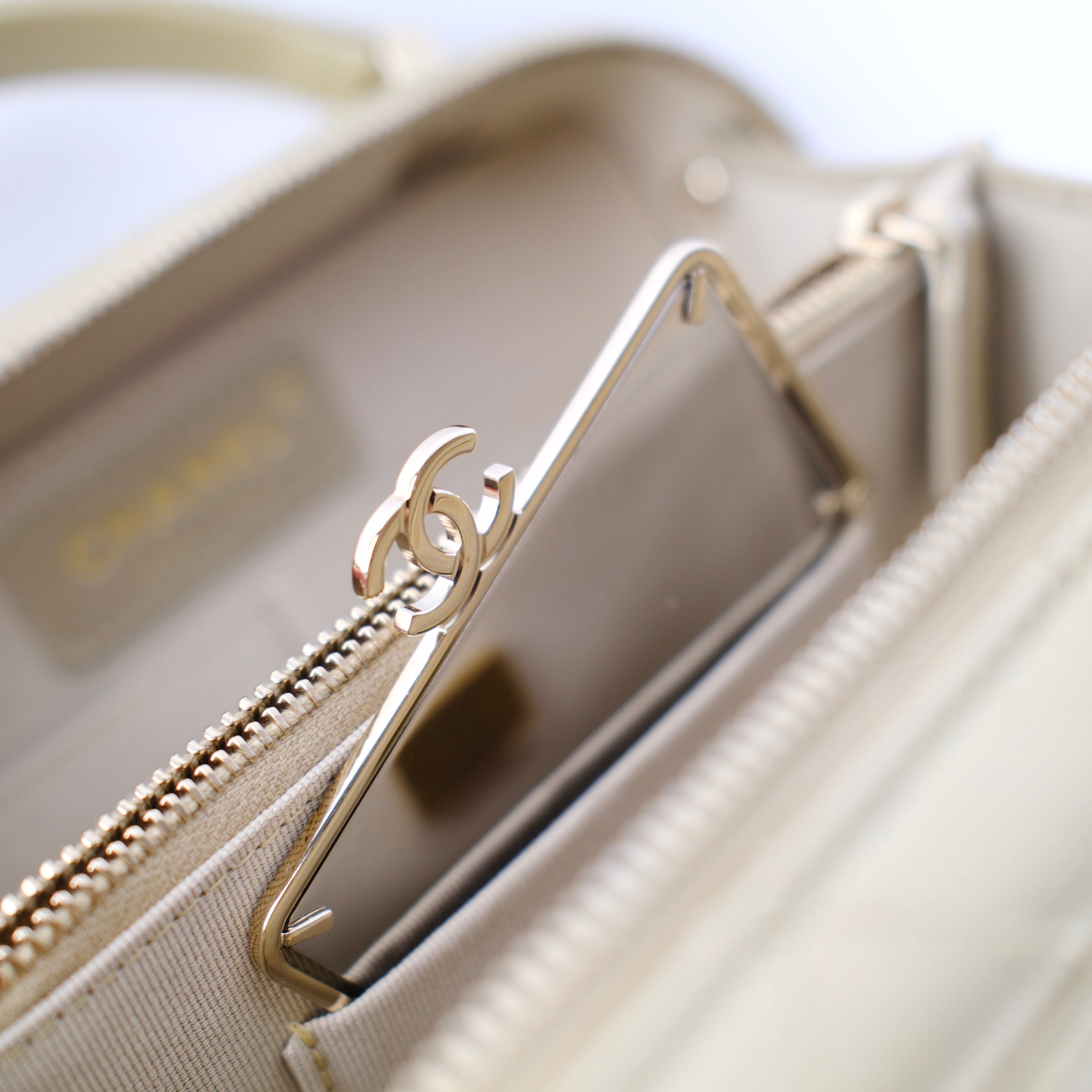 Chanel Champagne Gold Top Handle Vanity Crossbody Bag with Mirror - Luxury Designer Handbag for Women, Evening Parties & Special Occasions
