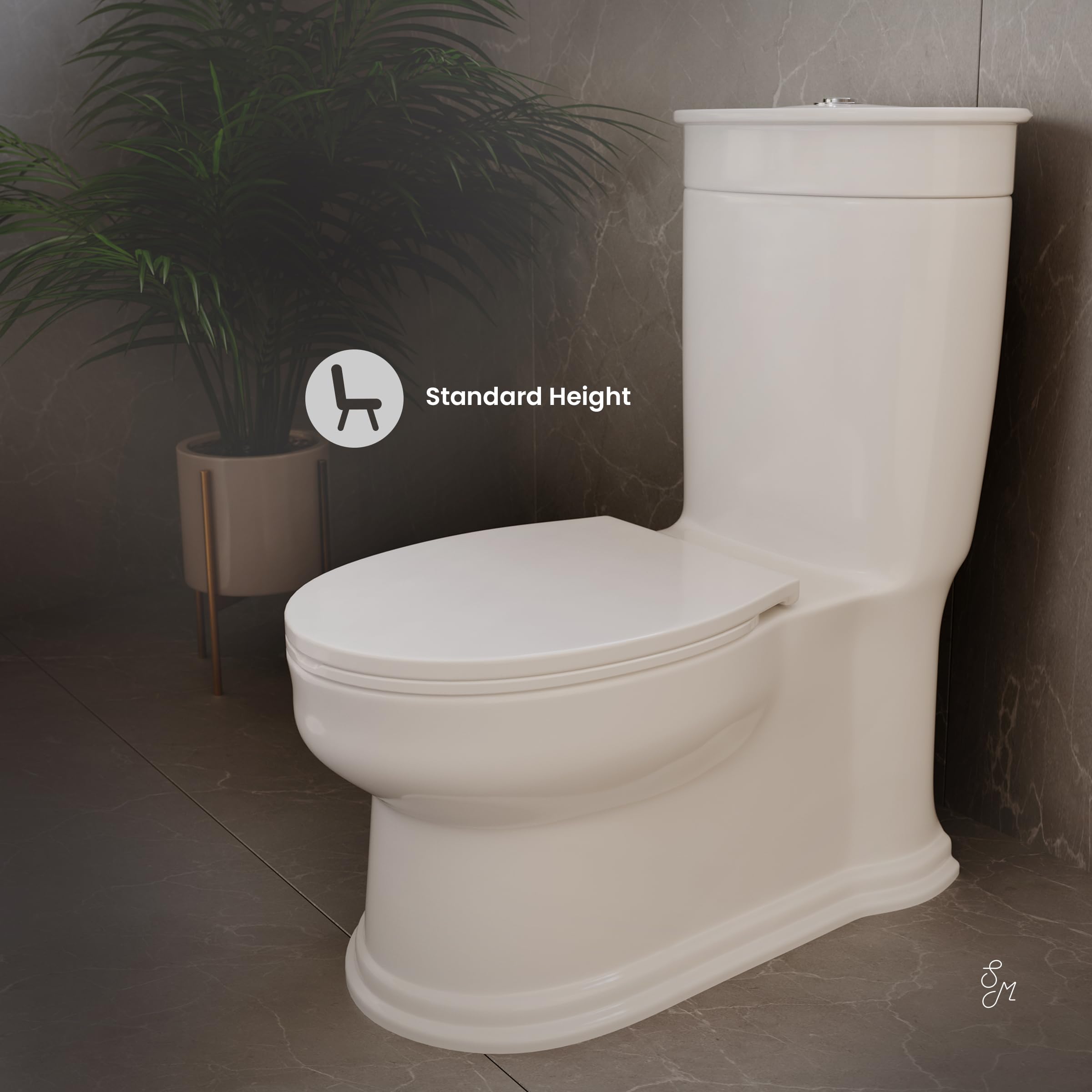 Santorini Elongated One-Piece Toilet with Dual Flush 1.1/1.6 GPF - Water Efficient White Bathroom Toilet for Modern Homes & Commercial Spaces