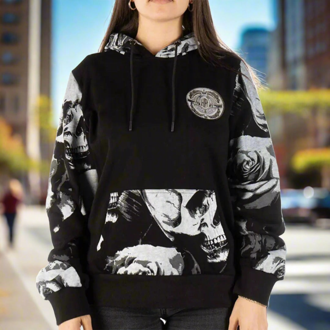 Skull and Roses Pullover Hoodie for Men & Women - Gothic Streetwear Sweatshirt - Perfect for Casual Wear, Halloween, and Rock Music Events