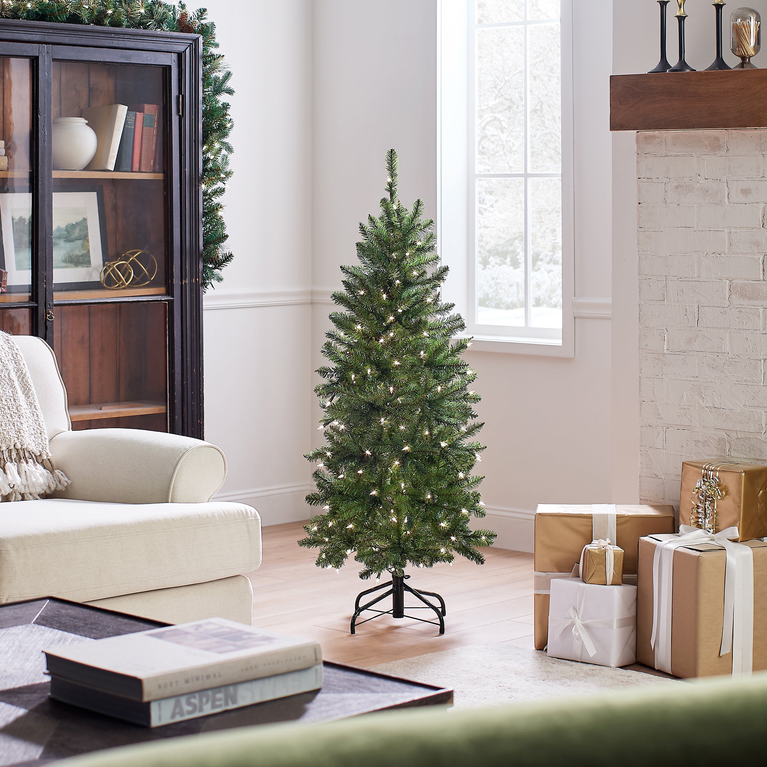 4.5 ft Pre-Lit Kingswood Fir Pencil Christmas Tree with 300 Clear LED Lights - Slim Artificial Holiday Tree for Small Spaces, Apartments & Office Decor