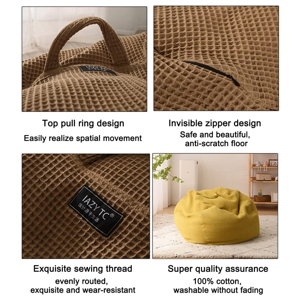 Soft Cotton Bean Bag Chair Cover (No Filler) - 100x100cm Brown Stuffable Replacement Slipcover for Lazy Lounger & Sofa - Perfect for Kids & Adults - Ideal for Living Room, Bedroom, Playroom & Dorm Decor