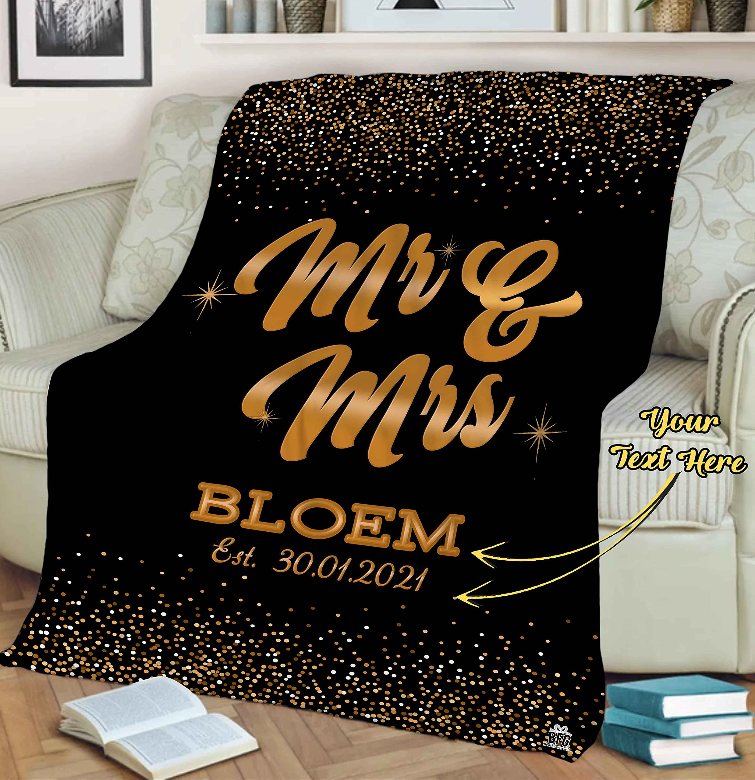 Personalized Mr. & Mrs. Couple Blanket with Names and Wedding Date - Custom Fleece Throw Blanket 60