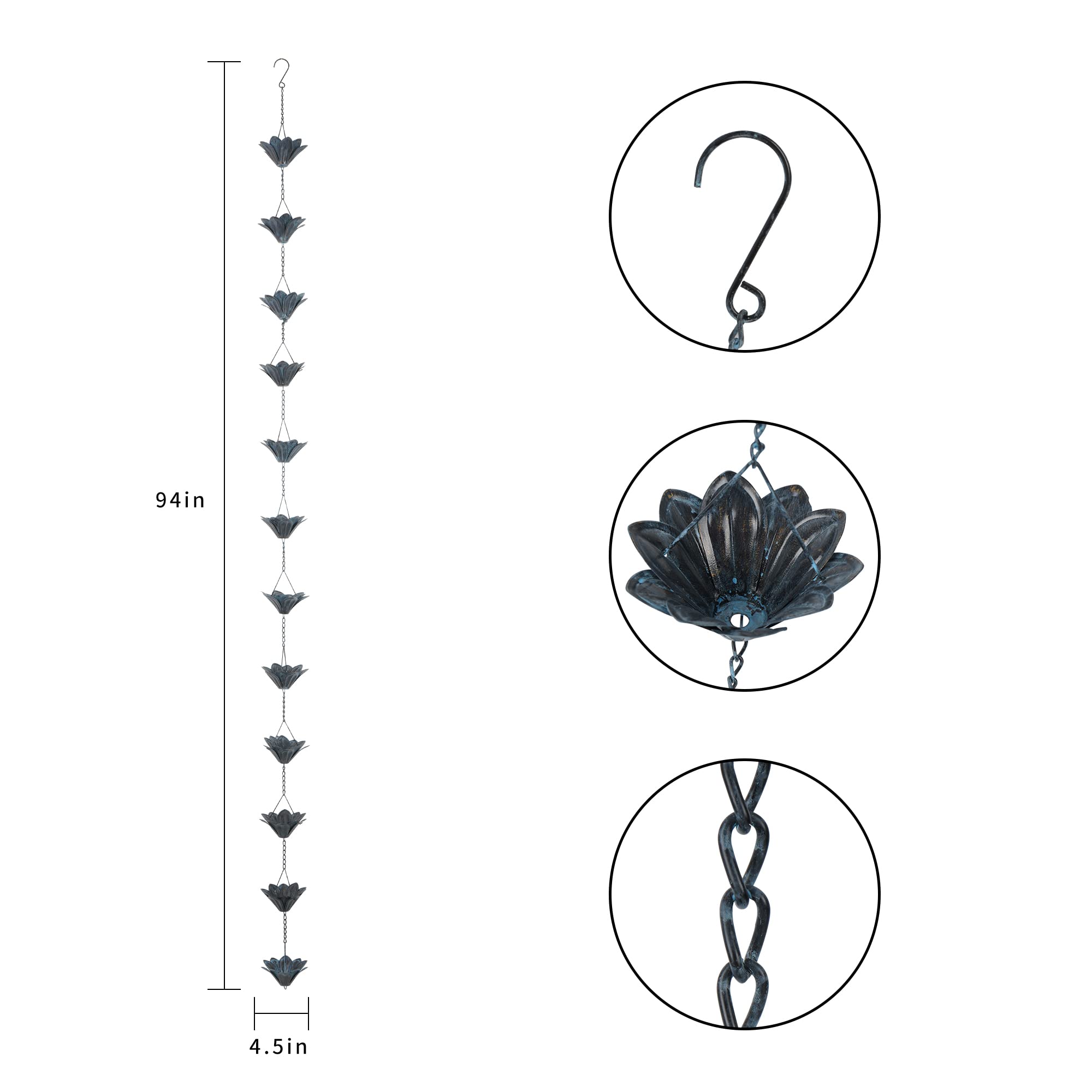 Topadorn 7.85 FT Decorative Iron Gutter Chain with 12 Rain Collector Cups & Flower Cups - Garden Water Feature for Outdoor Decor, Patio, Yard, and Landscape Design