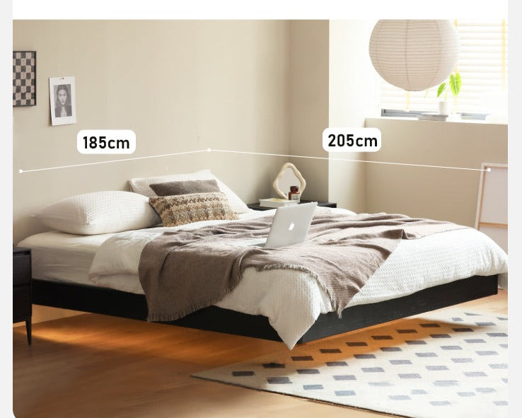 Solid Oak Wood Floating Platform Bed - No Headboard, Black Finish with LED Lights - Perfect for Modern Bedroom & Minimalist Home Decor