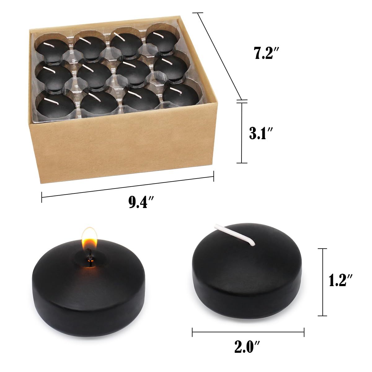 6 Hour Black Floating Candles - Unscented 2 Inch Dripless Pool Water Wax Candles for Cylinder Vase, Wedding Centerpiece, Party Decor, Holiday & Halloween Decorations - 24 Pack for Tablescapes, Spa Nights, Romantic Dinners