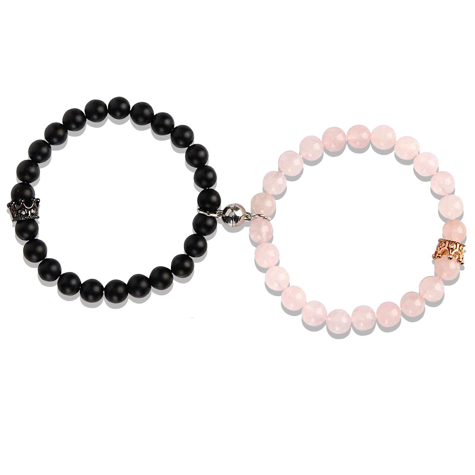 JERYAQTQ Magnetic Couple Bracelets Set - 8mm Rhinestone Beaded King & Queen Crown Bracelets for Women & Men | Long Distance Relationship, Friendship, Anniversary Gift for Couples