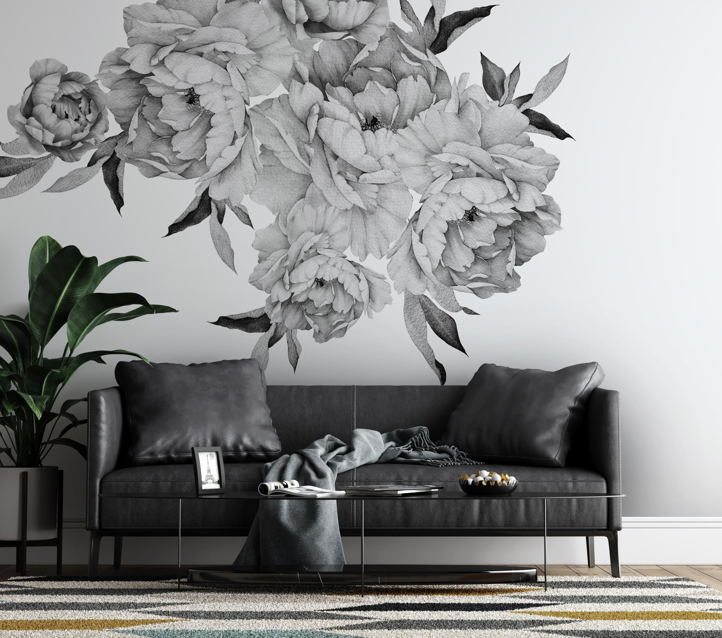 Large Boho Style Rose Wall Decal - Removable Peony Flower Wall Sticker - Black and White Floral Wall Art for Bedroom, Living Room, Nursery Decor