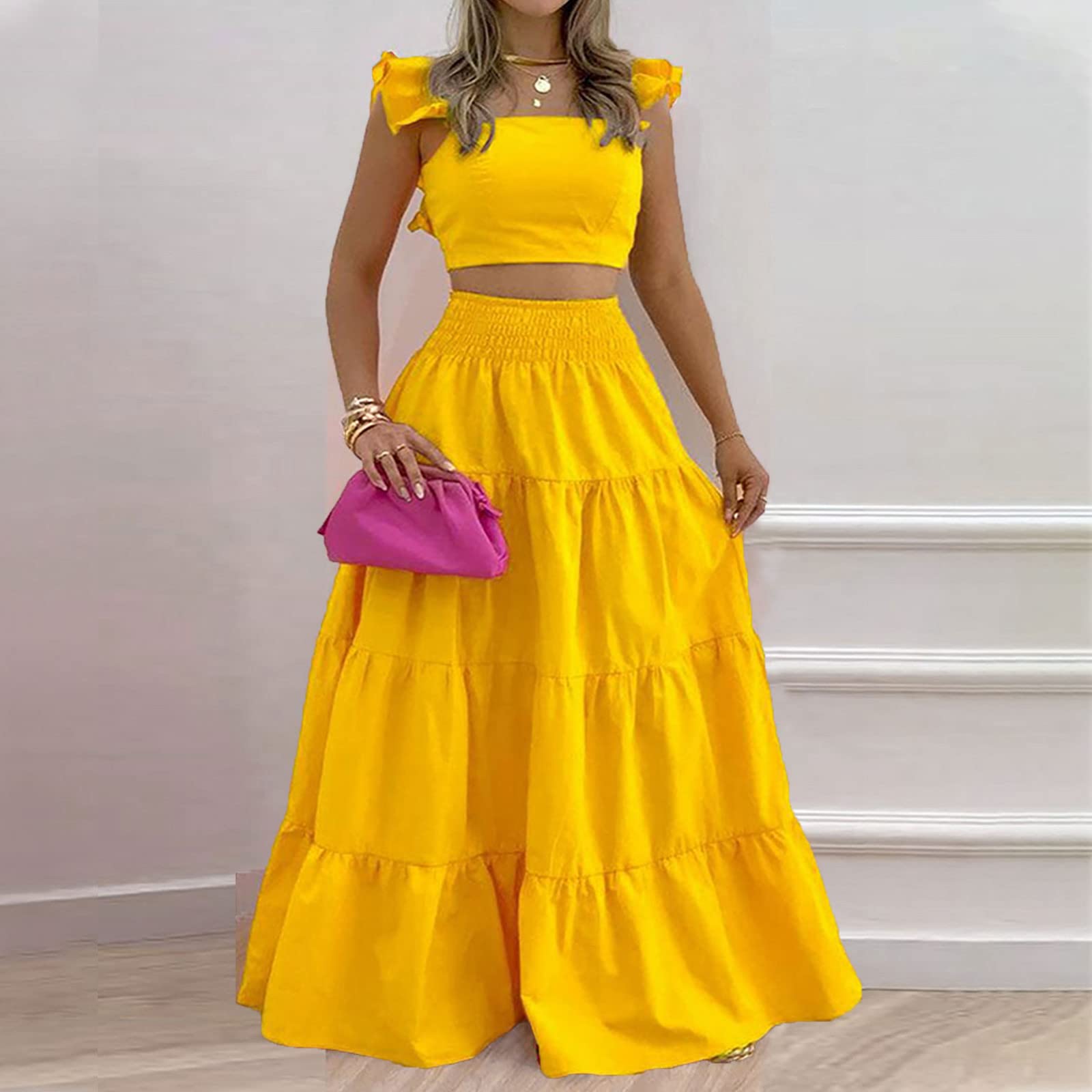 2 Piece Skirt Sets for Women - Summer Fashion Outfits with Ruffle Shoulder Straps & Sleeveless Crop Tops + A-Line Maxi Skirts | Beach Vacation, Date Night, Casual Wear