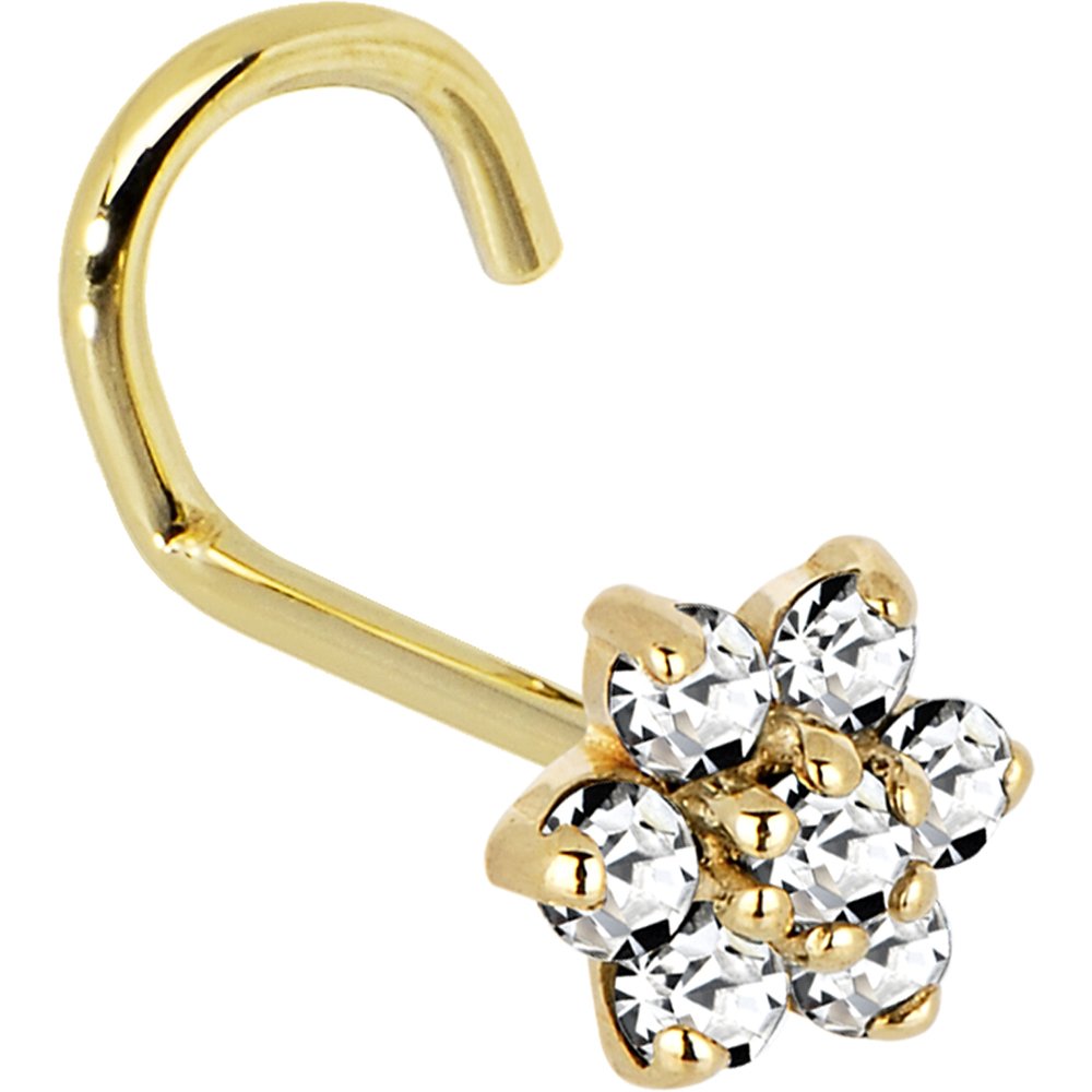 14K Yellow Gold Cubic Zirconia Flower Nose Stud Screw - 20 Gauge Left Nostril Piercing Jewelry for Women, Perfect for Everyday Wear & Special Occasions