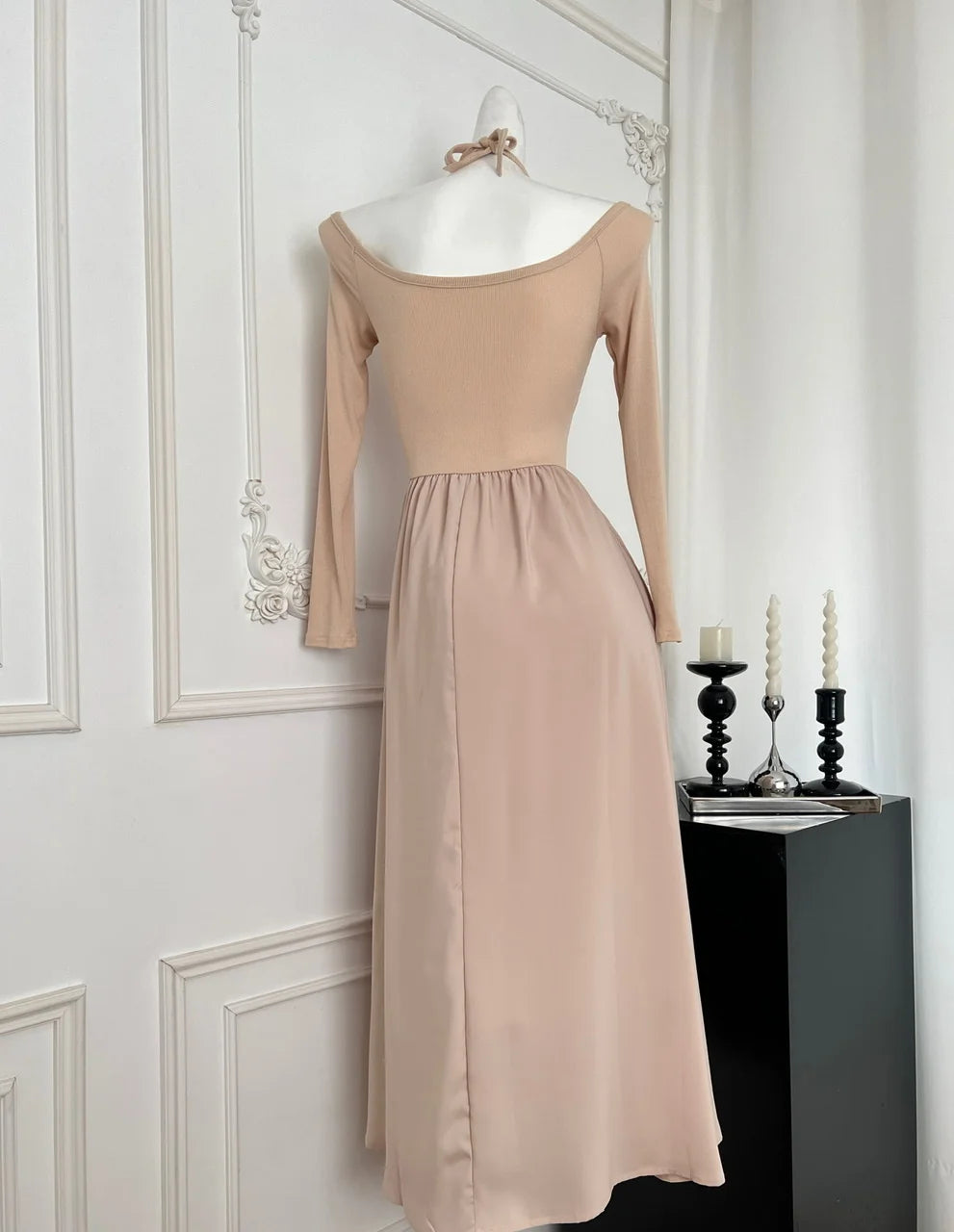 Elegant Khaki Long Sleeve High Waist Pleated Dress for Women - Korean Style Backless Round Neck Halter Lace Up Dress - Perfect for Fall Fashion, Date Nights & Casual Outings