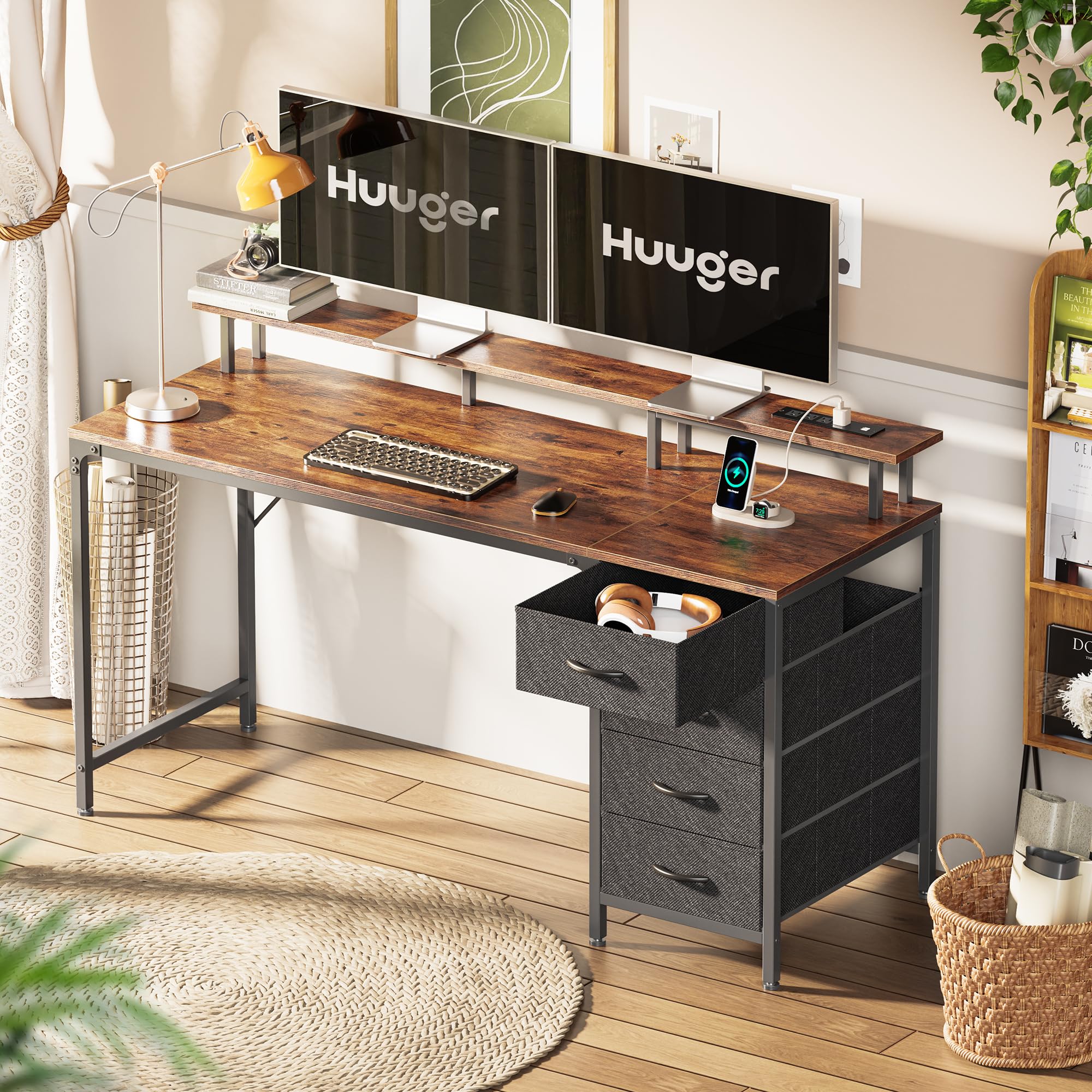 Huuger 55 Inch Gaming Computer Desk with Power Outlets & LED Lights, Home Office Desk with 4 Drawers & Monitor Stand, Rustic Brown Study Work Desk for Gaming, Remote Work & Home Office Setup