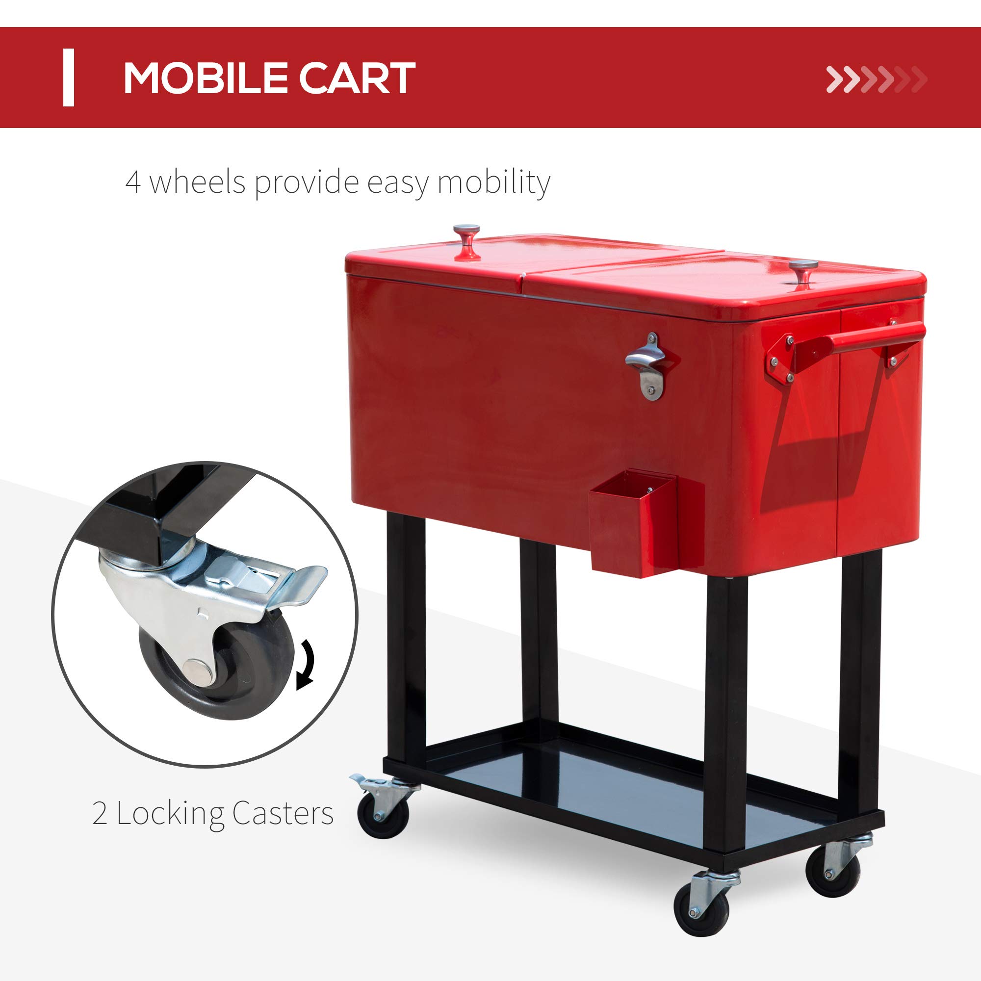 Outsunny 80 QT Rolling Cooler with Wheels - Portable Ice Chest for Outdoor Parties, Camping, Beach & Tailgating - Stand-Up Drink Cooler Cart (Red)