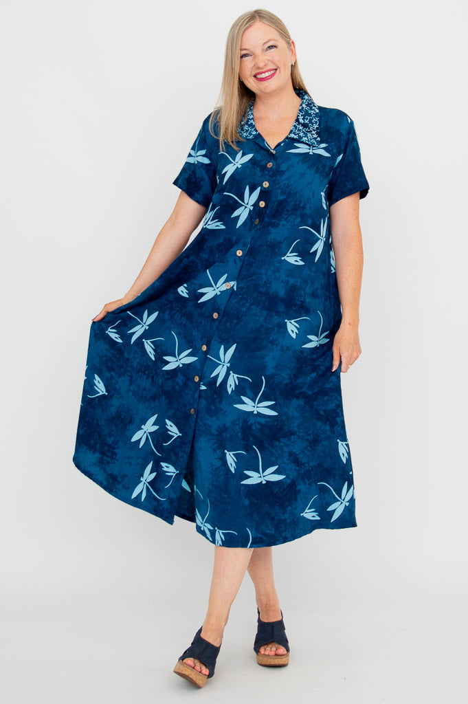 Cissy Women's Summer Short Sleeve Dress with Aqua Dragonfly Print - Perfect for Beach Vacations, Casual Outings & Summer Parties