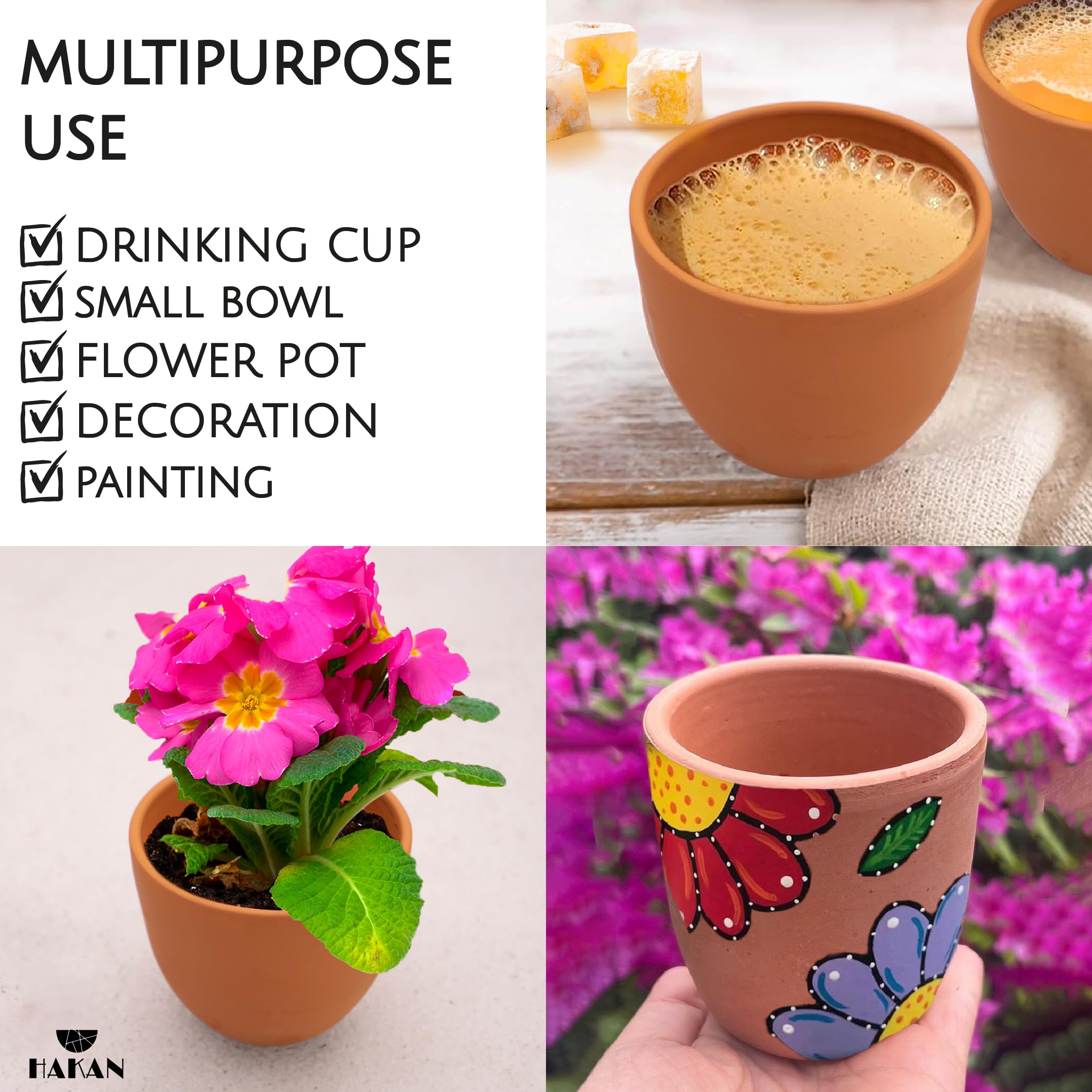 Handmade Hakan Kapadokya 16.9 oz Pottery Mug Set of 4 - Unglazed Clay Cups for Coffee, Tea & Beverages - Earthenware Flower Pots & Decorative Bowls - Perfect for Home Decor, Gifts & Rustic Kitchen Use