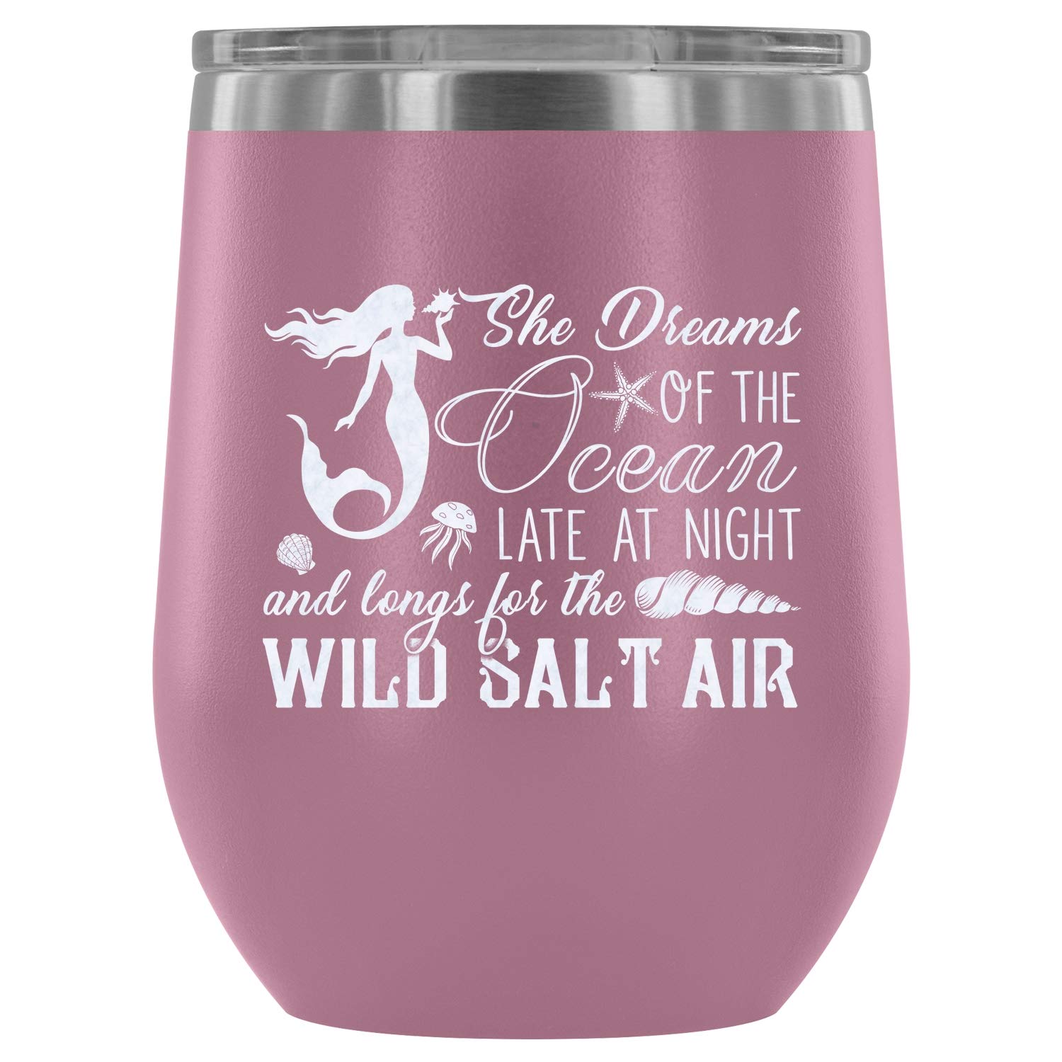 Stainless Steel Vacuum Insulated Wine Tumbler with Lid - 12Oz Mermaid Design Ocean Theme Cup for Wine, Cocktails & Beverages | Perfect for Beach Parties, Picnics & Outdoor Gatherings (Light Purple)