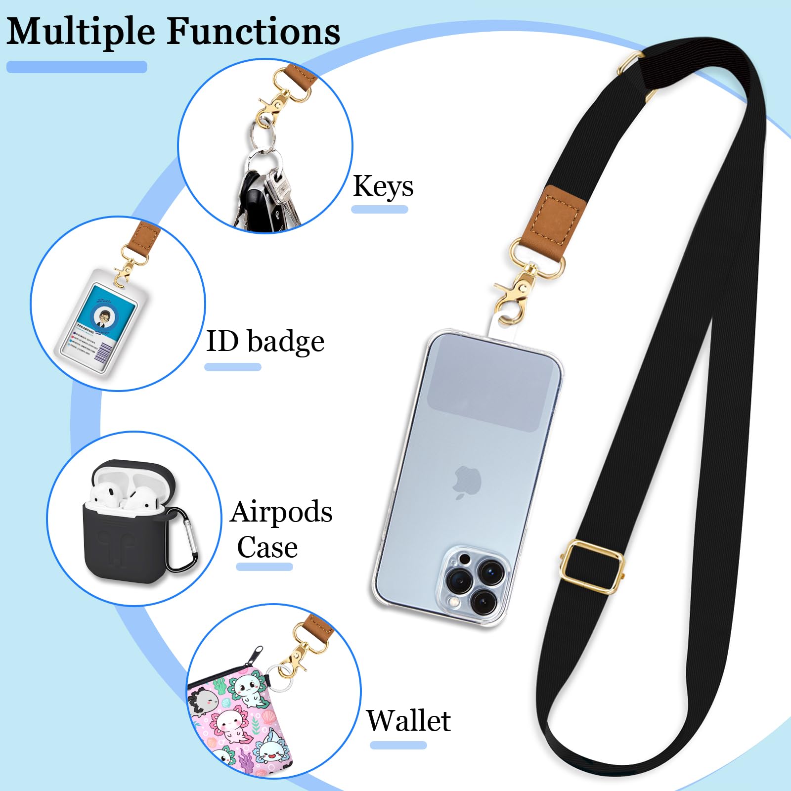 Adjustable Phone Lanyard Crossbody Strap - 2 Pack Neck Strap for iPhone, Keys & ID Badges - Black & Grey Phone Accessories for Women - Perfect for Work, Travel & Hands-Free Convenience