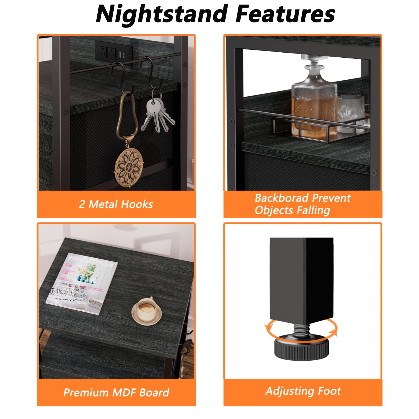 2-Piece Furologee Nightstand Set with Charging Station - Black Oak Side Tables with USB Ports, 2 Fabric Drawers & Storage Shelf - Perfect for Bedroom & Living Room Organization - Ideal for Charging Devices, Storing Books & Bedside Essentials