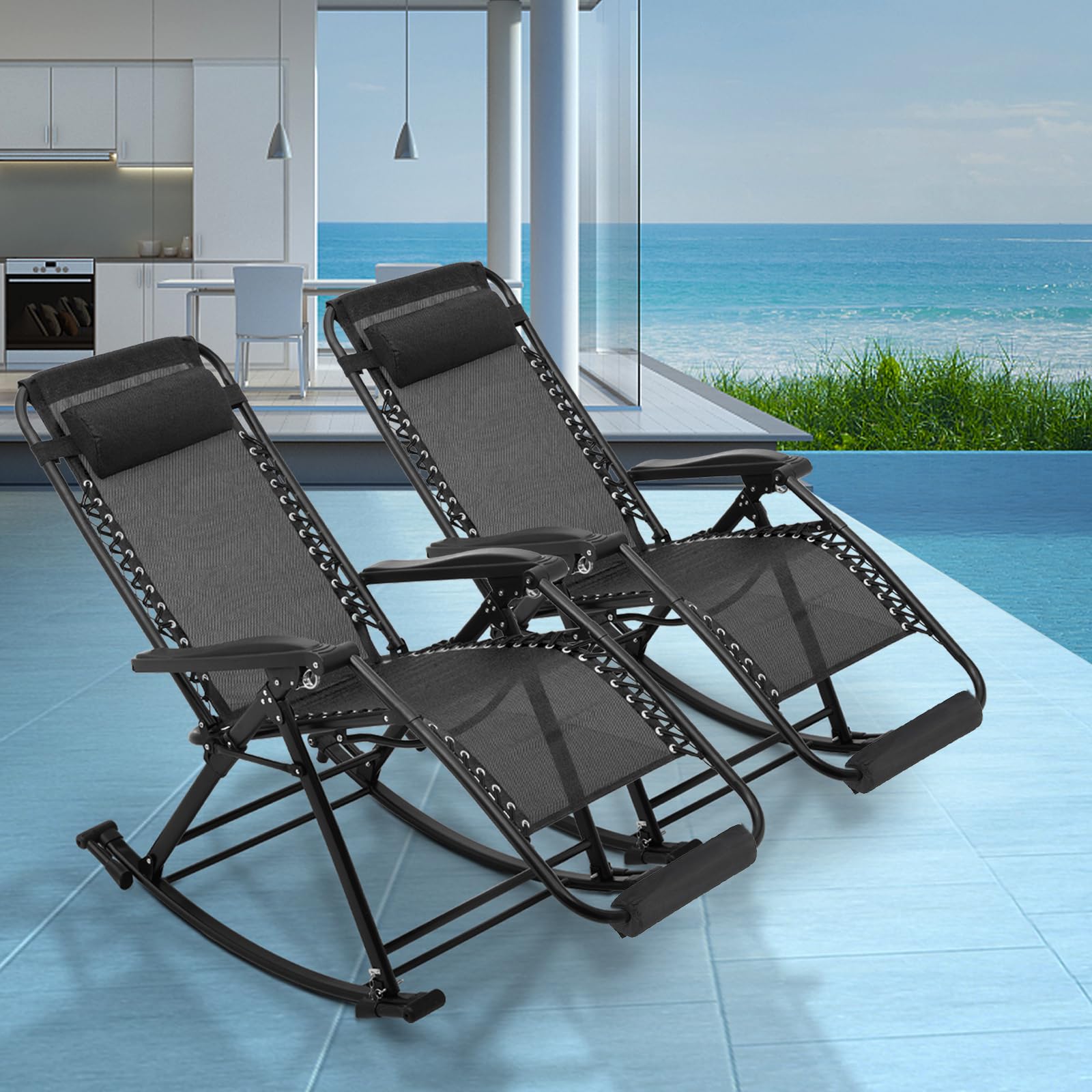 **Magshion Oversized Patio Rocking Chairs Set of 2 - Foldable Zero Gravity Recliner with Adjustable Footrest, 29-Inch, Black - Perfect for Backyard, Poolside & Outdoor Relaxation**