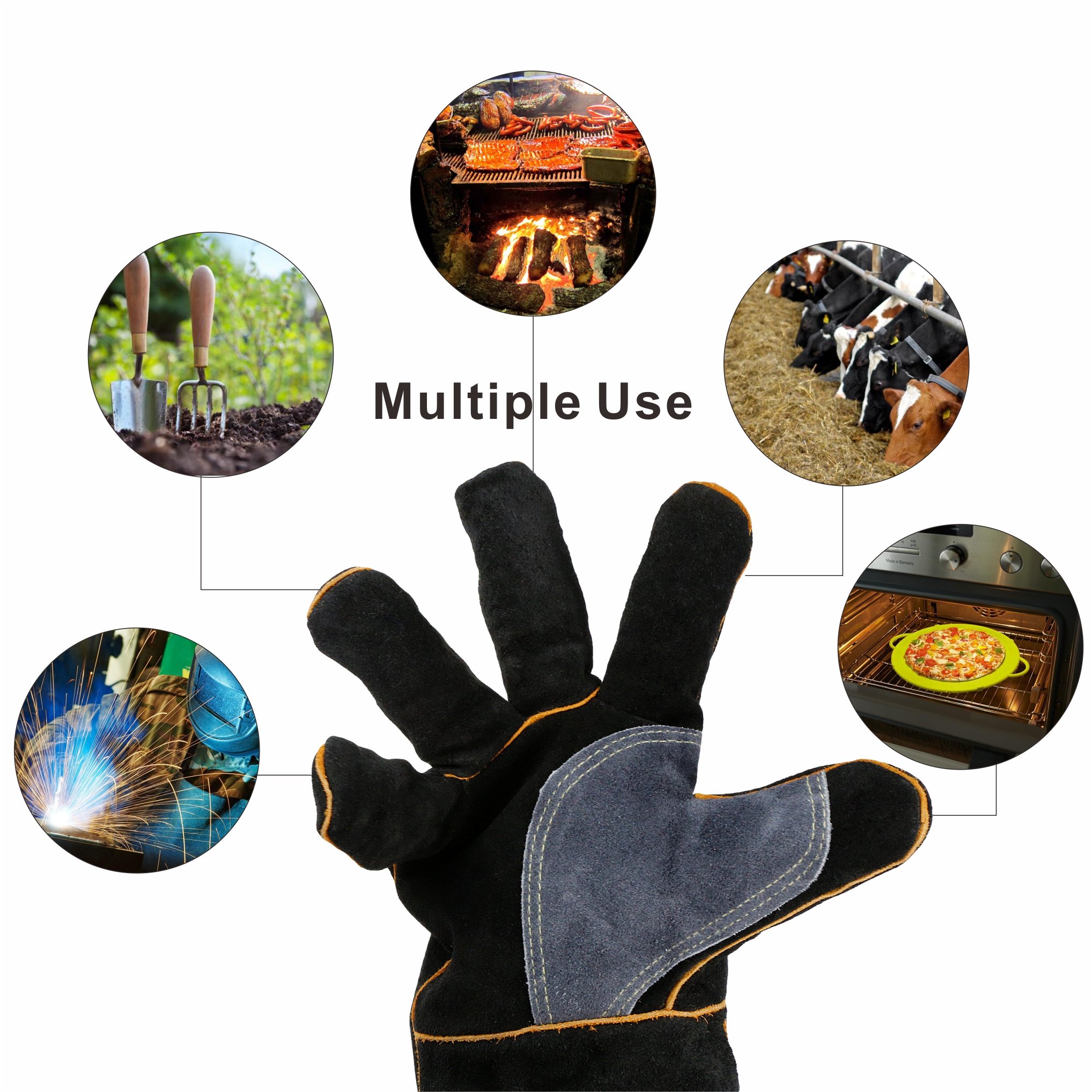 Heat & Fire Resistant Leather Gloves with Kevlar Stitching - Heavy Duty Protection for Fireplace, Stove, Oven, Grill, Welding, BBQ, MIG, Pot Holder & Animal Handling - Ideal for Cooking, Grilling, Metalworking & Outdoor Activities