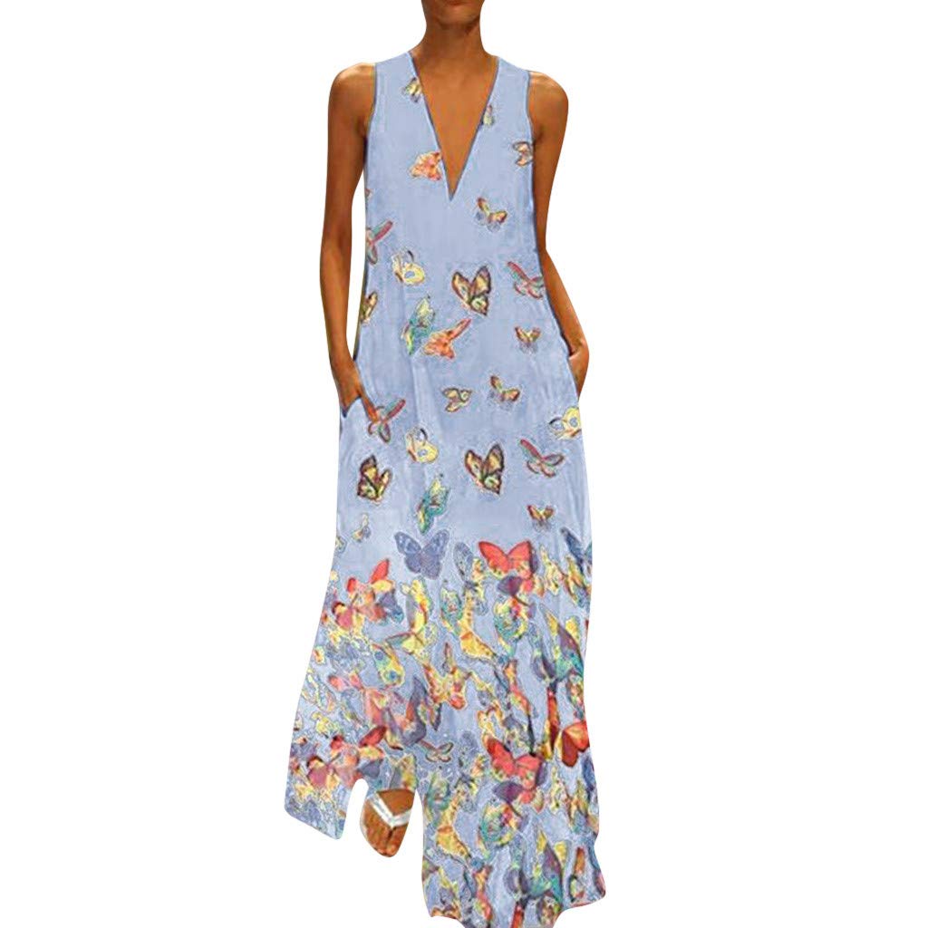 Women's Casual Summer Sleeveless V-Neck Butterfly Print Maxi Dress - Flowy Long Party Dress for Beach, Vacation & Evening Occasions