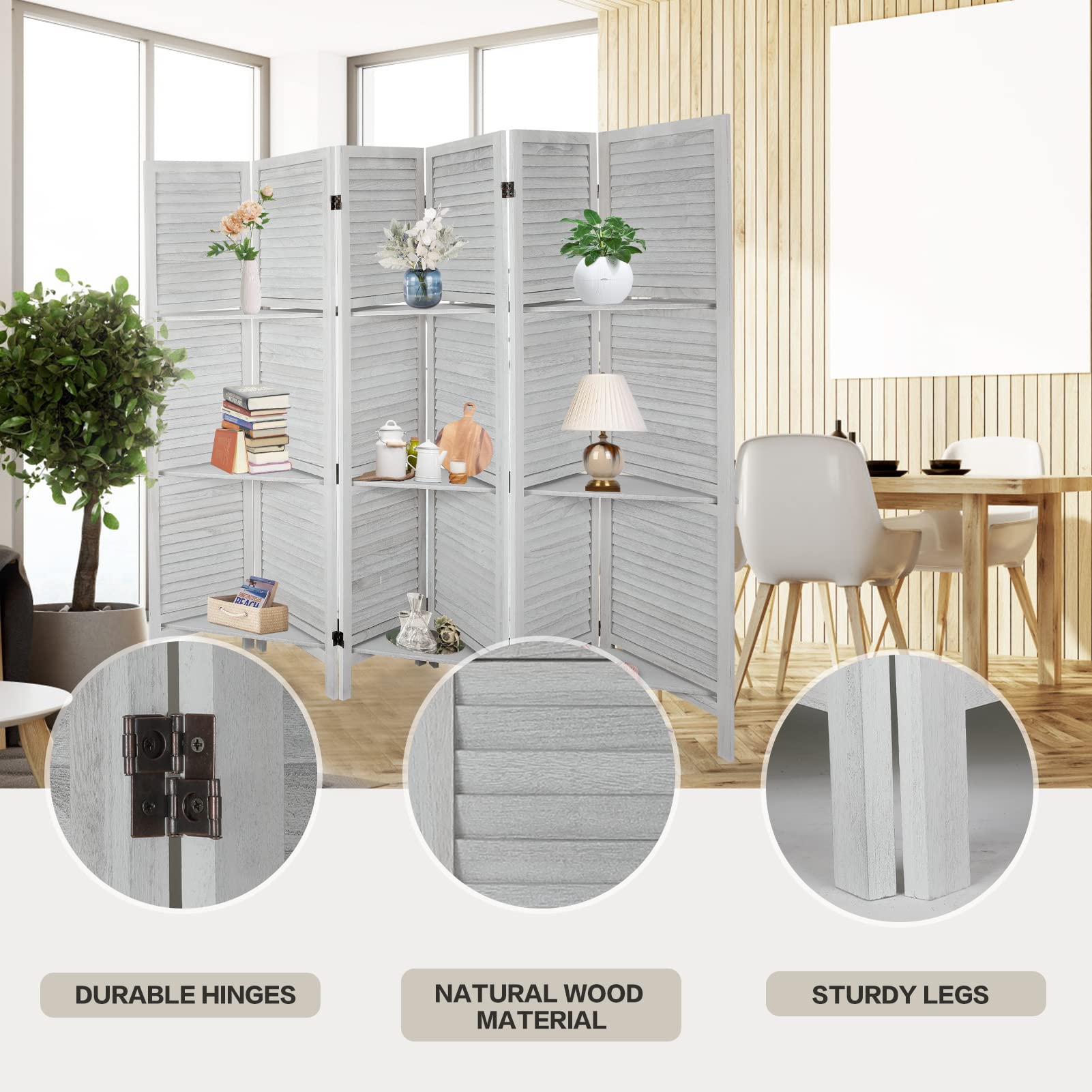 ECOMEX 6-Panel Room Divider with Shelves - White Folding Privacy Screen & Freestanding Partition for Home Office, Studio Apartment | Space-Saving Temporary Wall for Room Separation & Organization