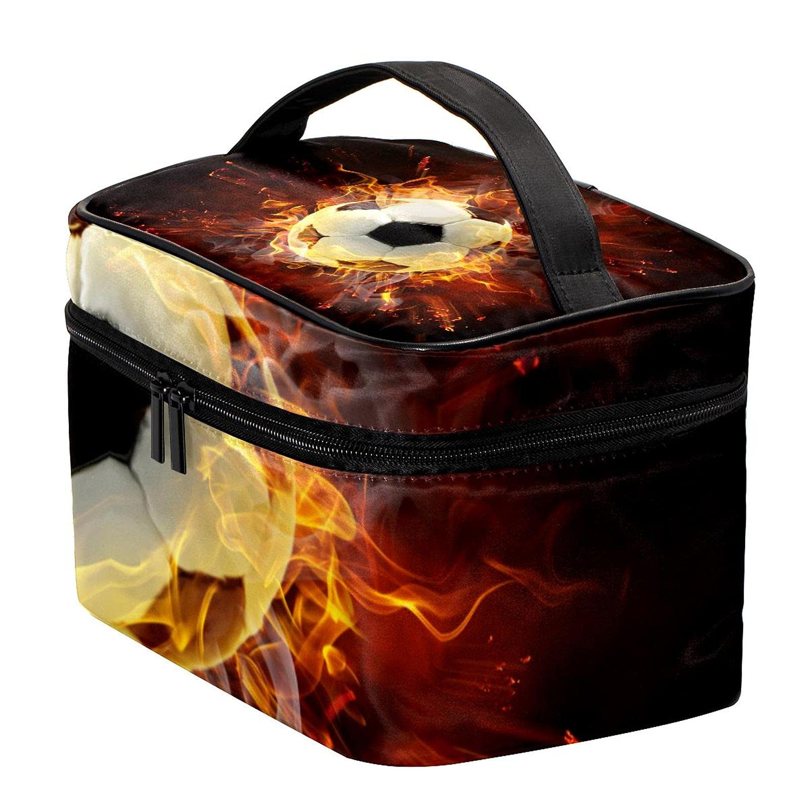 Waterproof Large Fire Burning Football Soccer Travel Makeup Bag - Cosmetic Case Organizer with Zipper for Women & Girls - Perfect for Gym, Travel, Sports & Daily Use