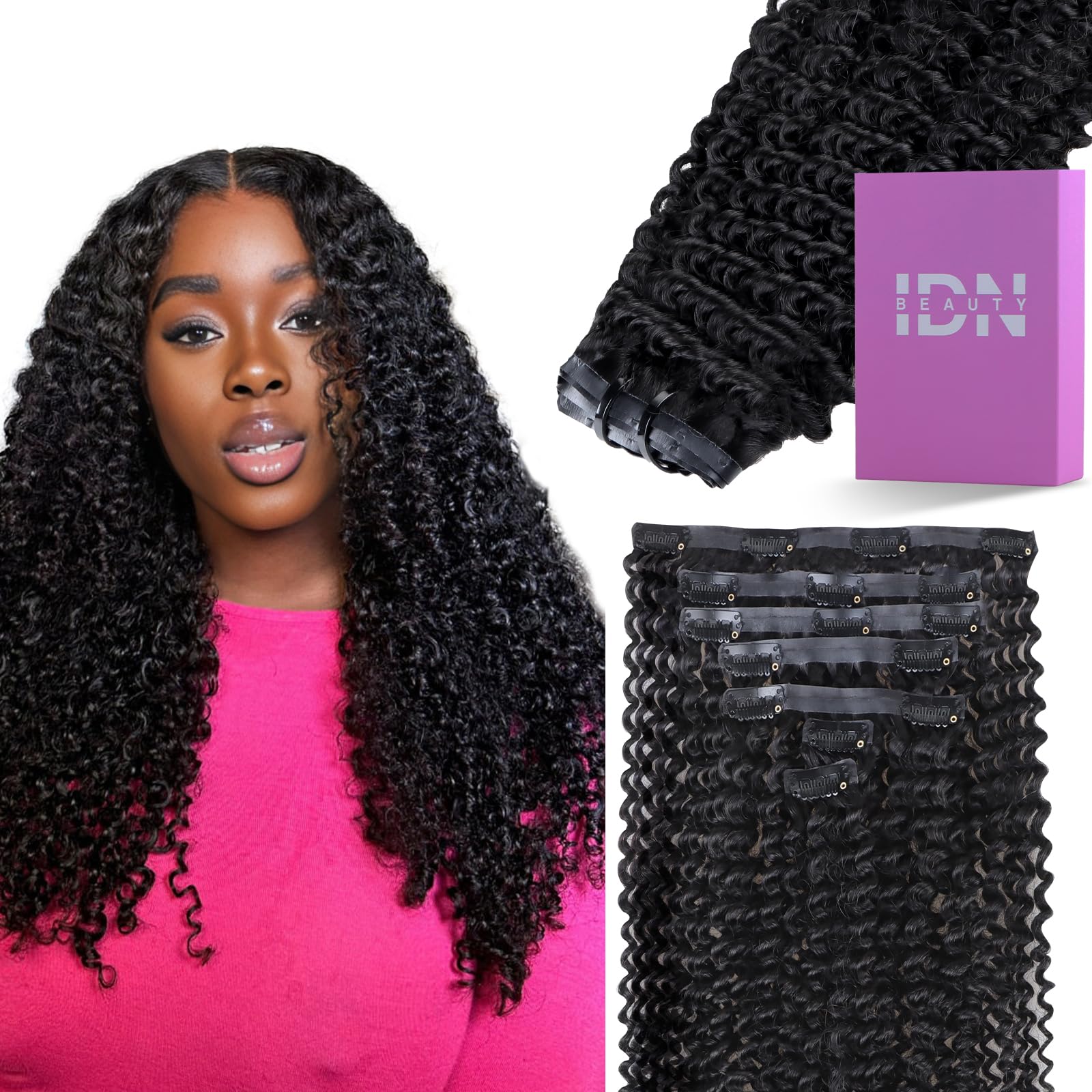 IDN BEAUTY 20 Inch Kinky Curly Clip In Hair Extensions - 7pcs 110g Remy Human Hair Weft - Natural Black Seamless Invisible Edge for Black Women | Perfect for Daily Styling, Special Occasions & Protective Hairstyles