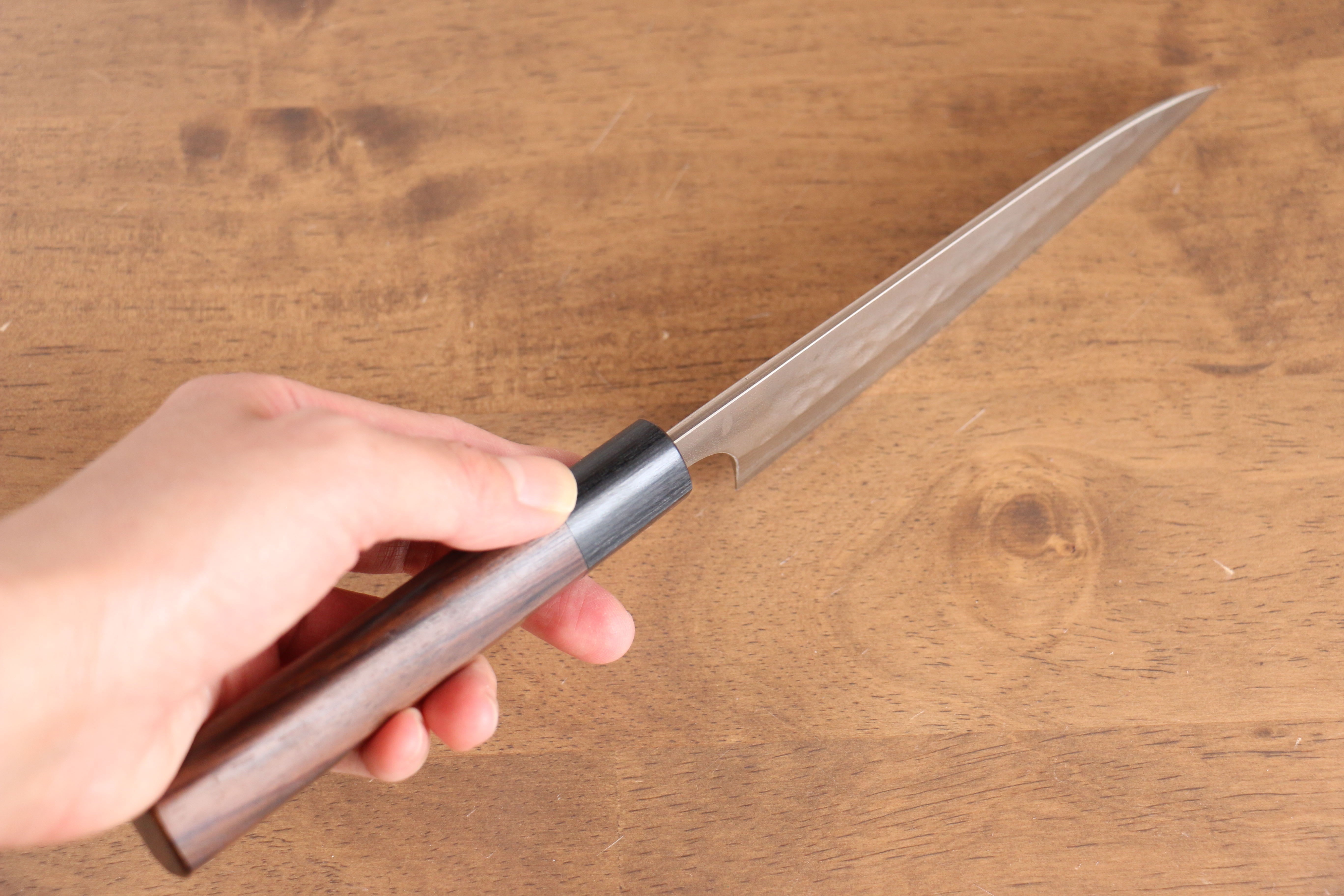 Nao Yamamoto 135mm Damascus Petty Knife - Hand Forged Silver Steel Nashiji Finish with Shitan Wood Handle - Perfect for Slicing, Peeling & Precision Kitchen Tasks